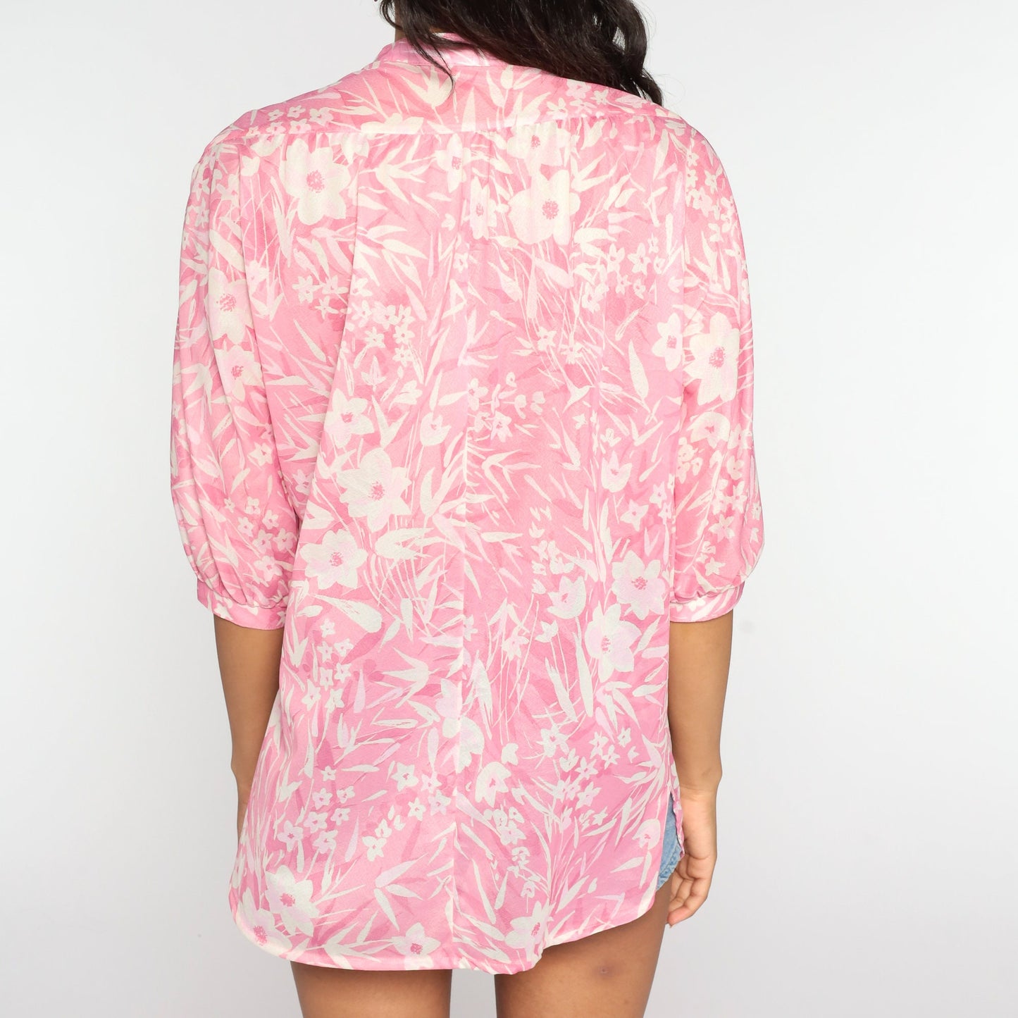 70s Sheer Floral Button-Up Blouse Pink White Three-Quarter Sleeve Medium Large