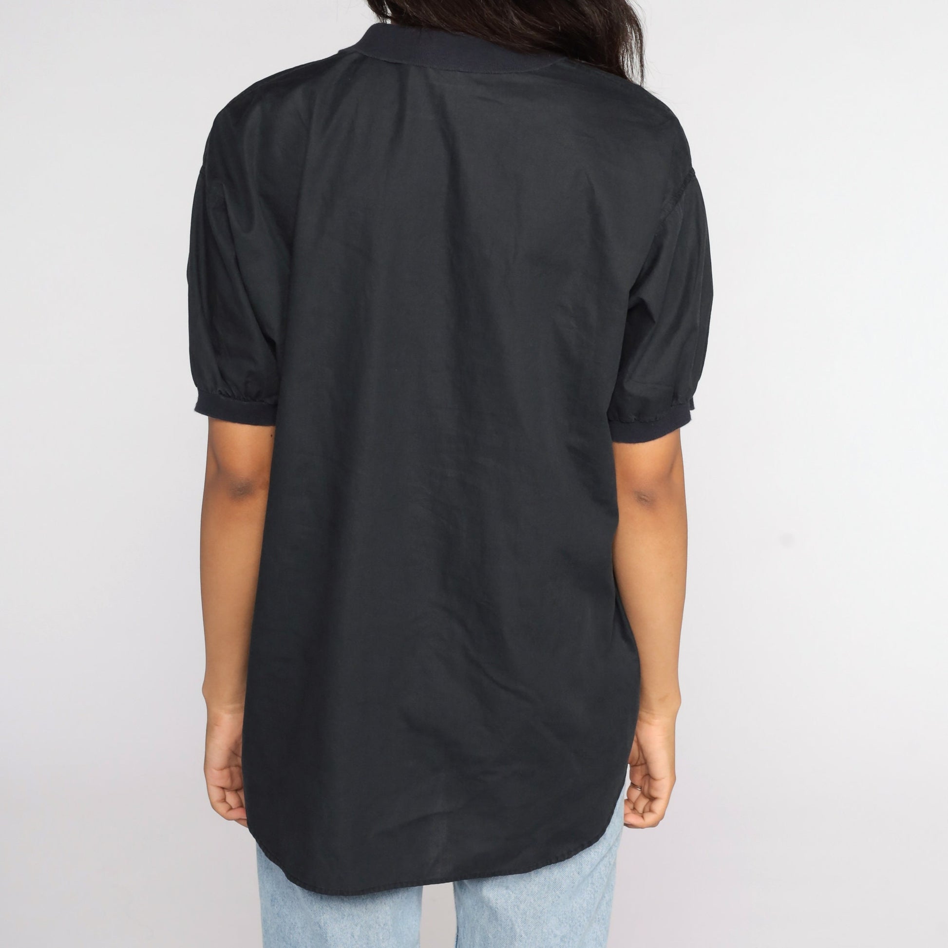 80s Black Polo Shirt Half Button Up Collared Cotton Blend Large