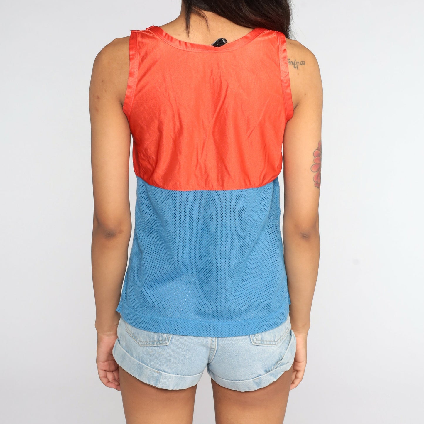 80s Aspen Mesh Tank Top Sheer Nylon Orange Blue Colourblock Small