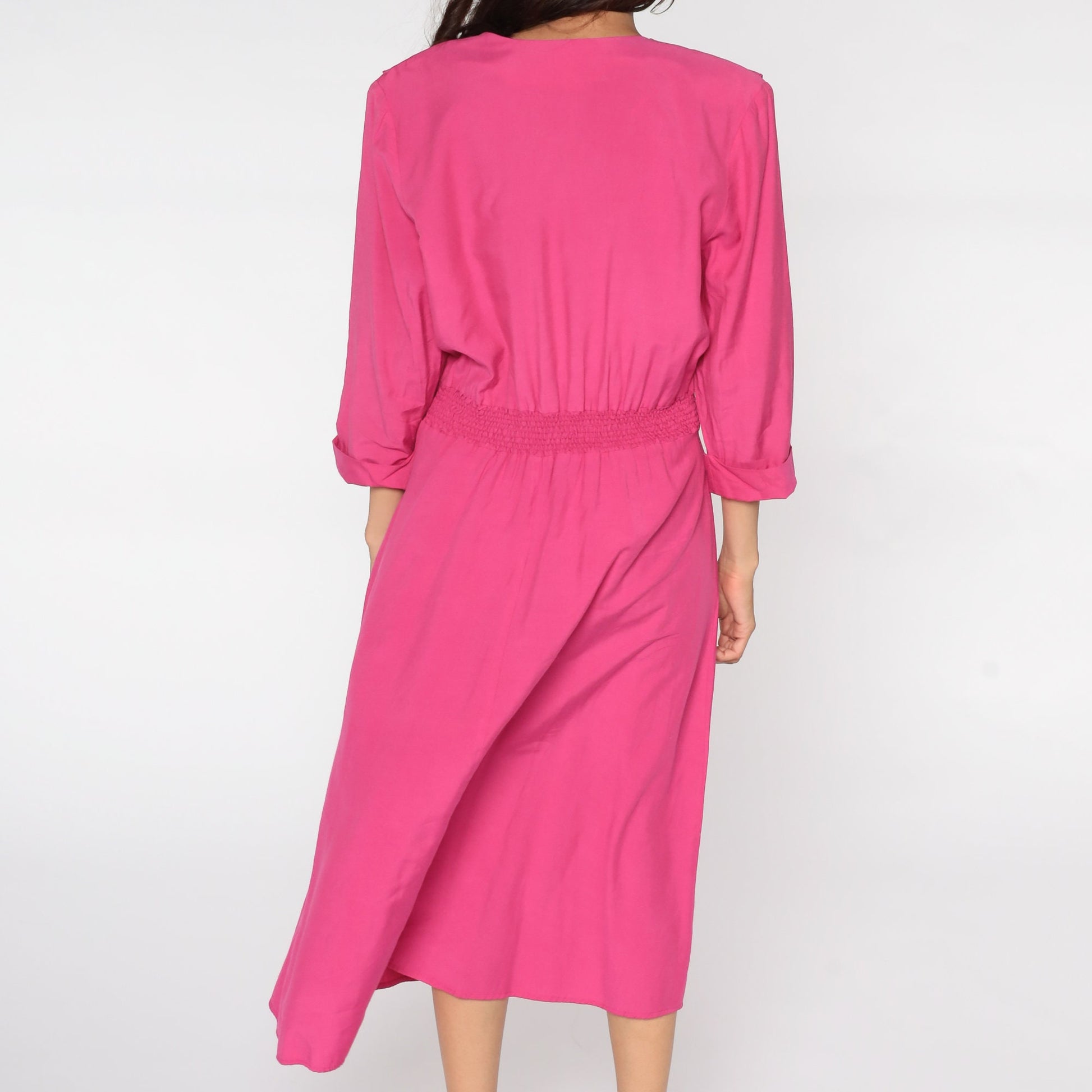 80s Pink Pleated Midi Dress High Waist Button Up Ruffle V-Neck Large L
