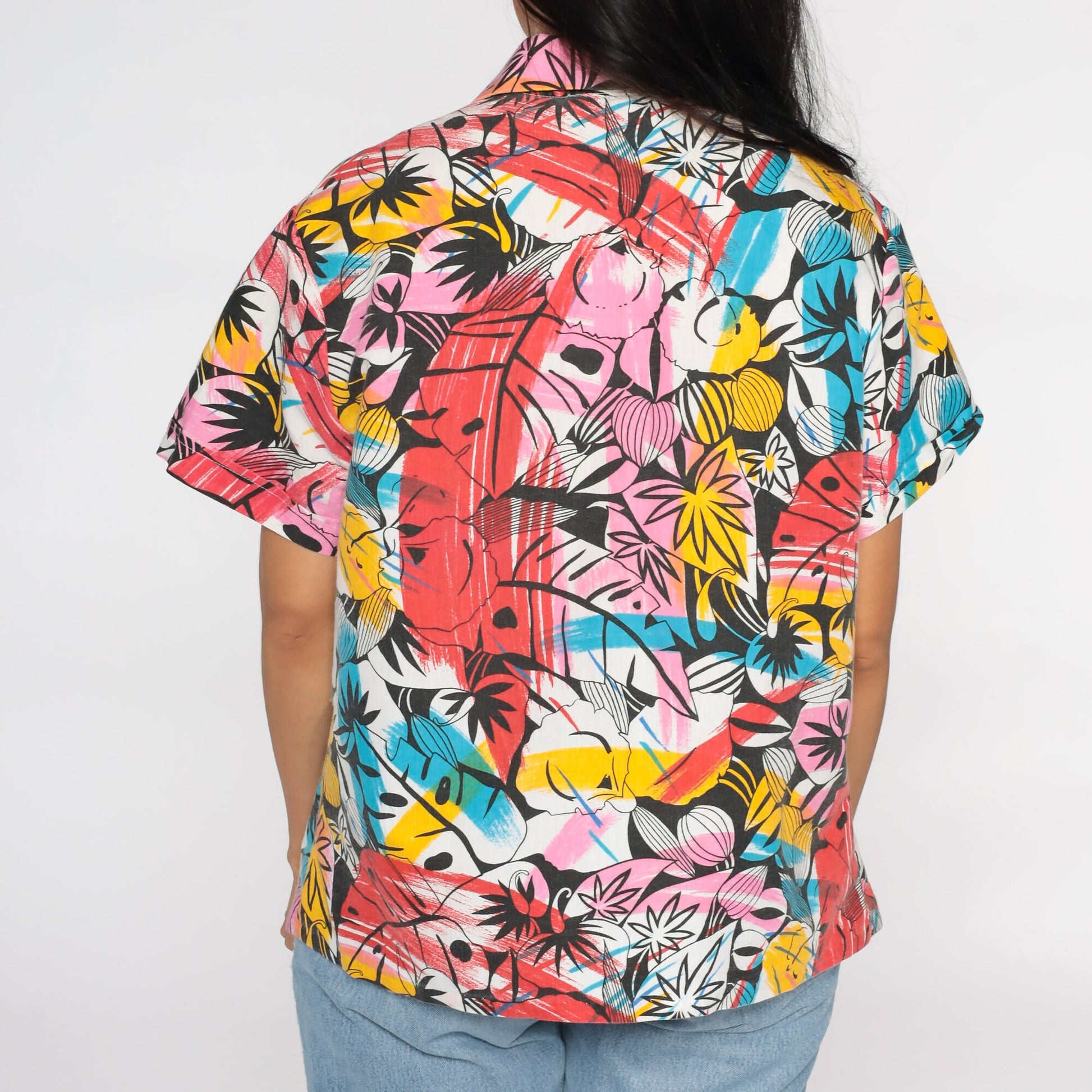 80s Tropical Leaf Print Button Up Shirt Short Sleeve Blouse Extra Large XL