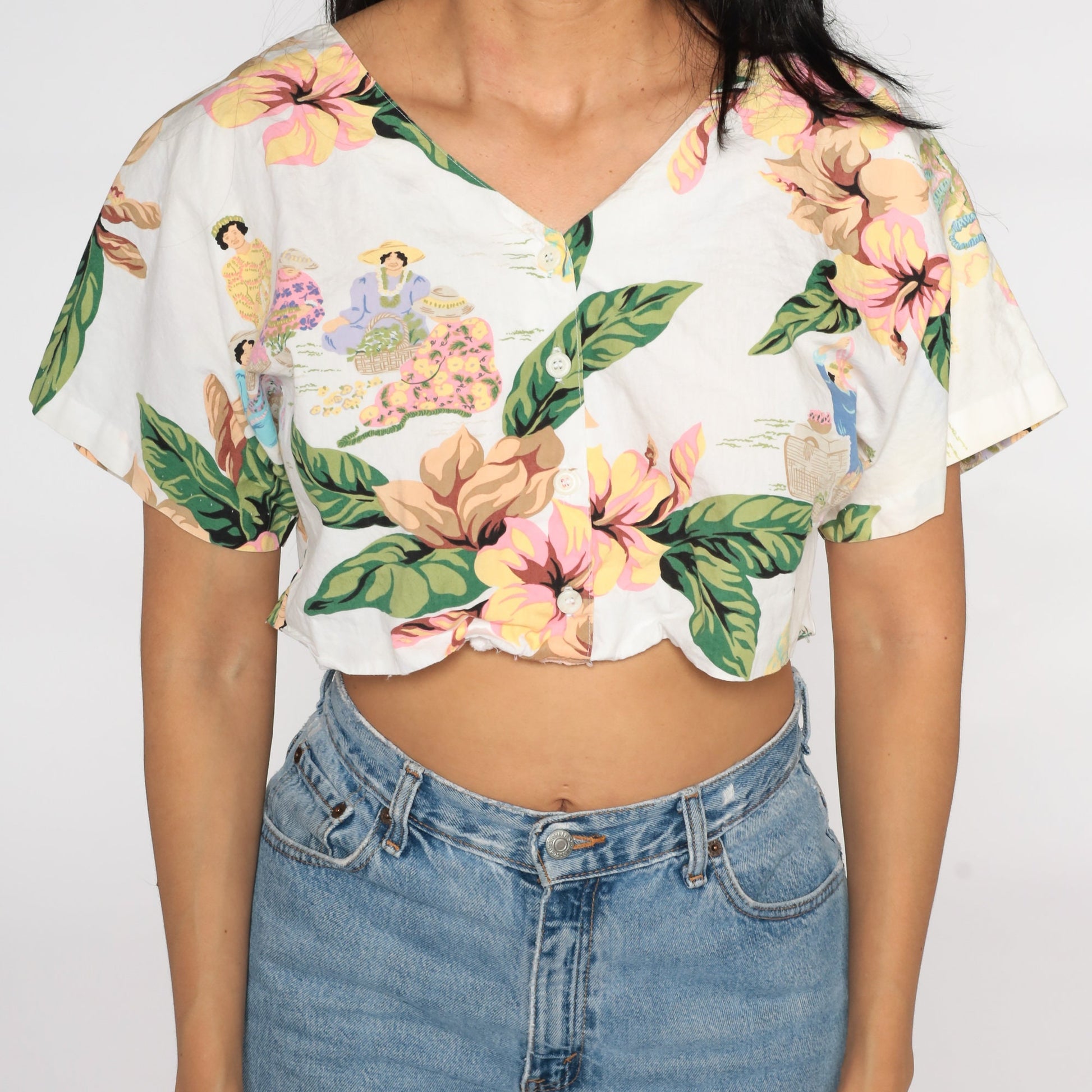 80s Polynesian Woman Tropical Crop Top Button-Up Blouse White Medium Large