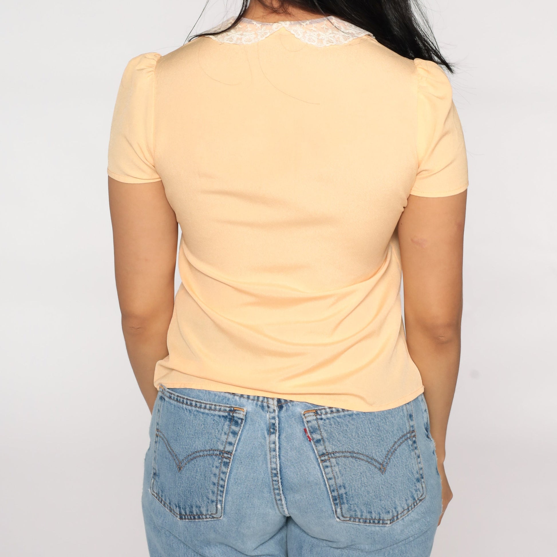 80s Peach Puff Sleeve Blouse Lace Collar Button Up Shirt Small