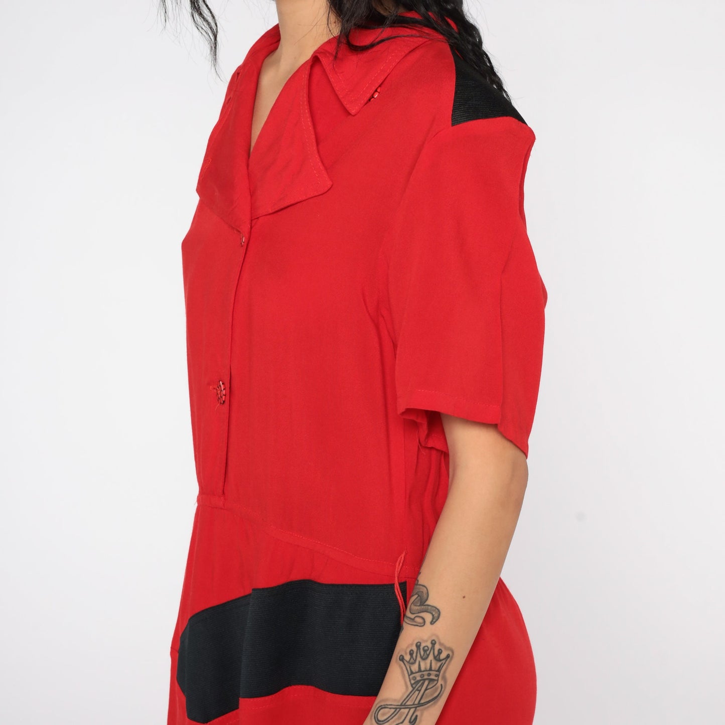 80s Red Mini Sheath Dress Button-Up V-Neck Short Sleeve Medium Large