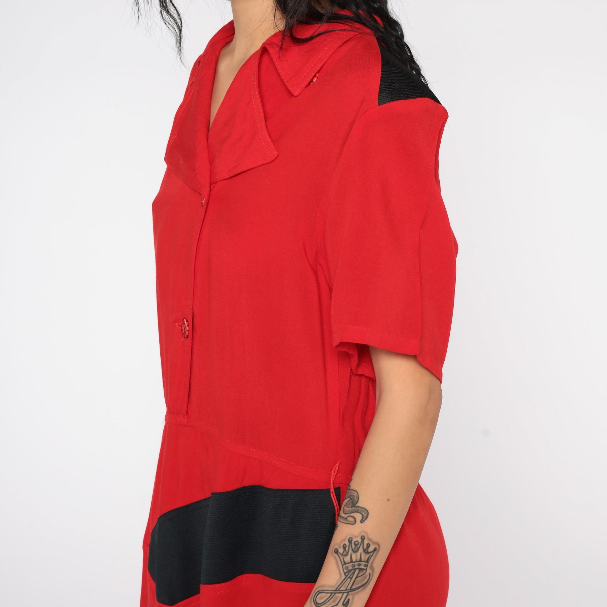 80s Red Mini Sheath Dress Button-Up V-Neck Short Sleeve Medium Large
