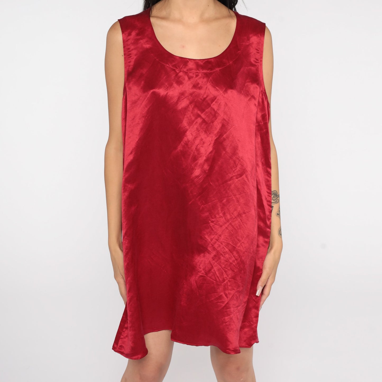 90s Red Satin Mini Slip Dress Sheath Sleeveless Cocktail Large L