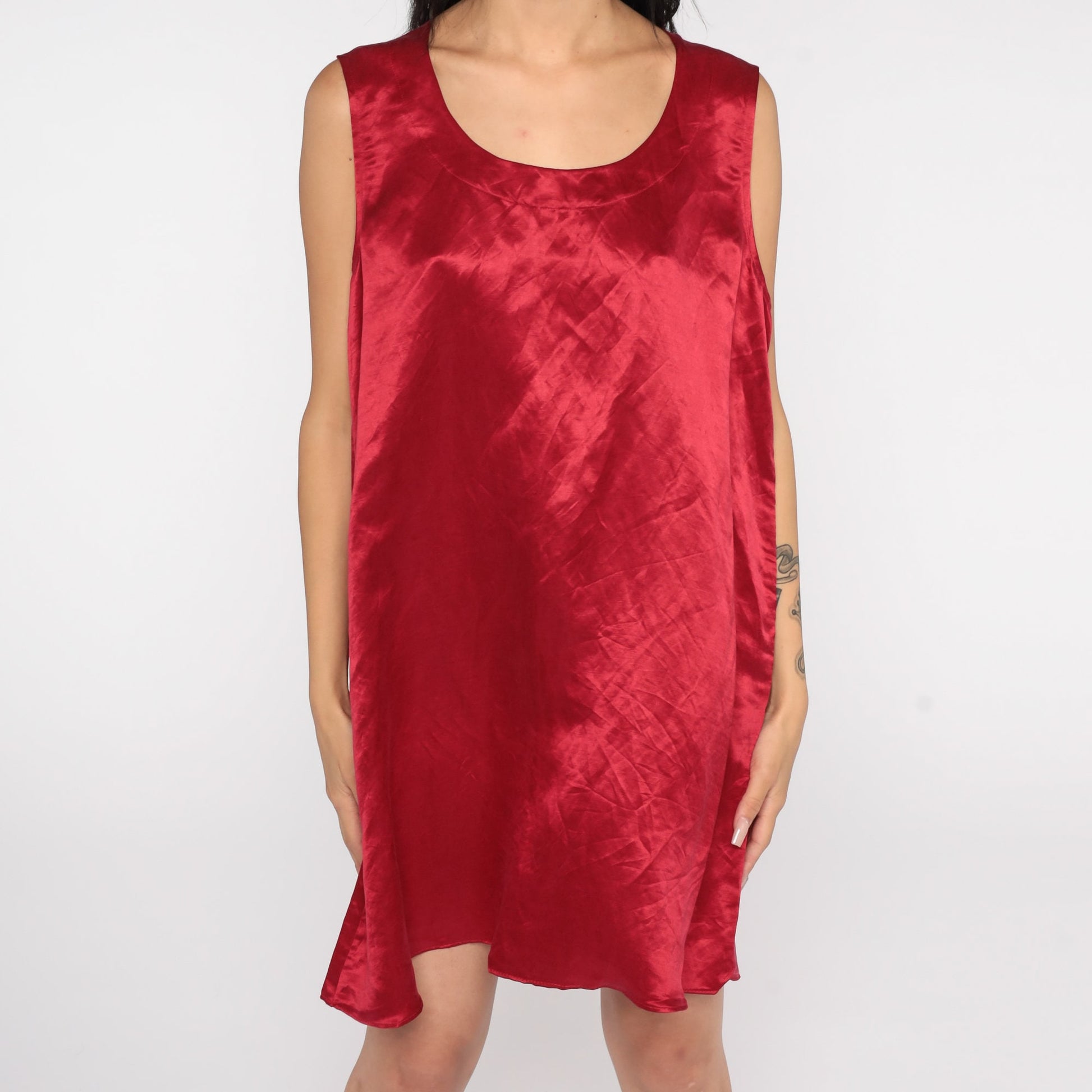 90s Red Satin Mini Slip Dress Sheath Sleeveless Cocktail Large L