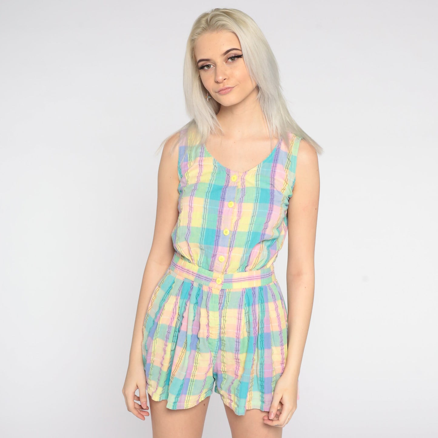80s Pastel Plaid Romper Sleeveless High Waist Button Front Purple Turquoise Small