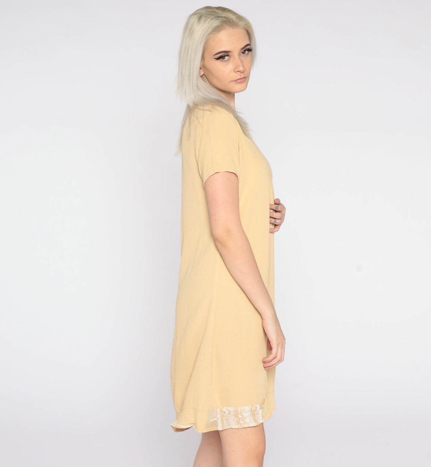 90s Yellow Mini Shift Dress Zig Zag Trim Short Sleeve Small S