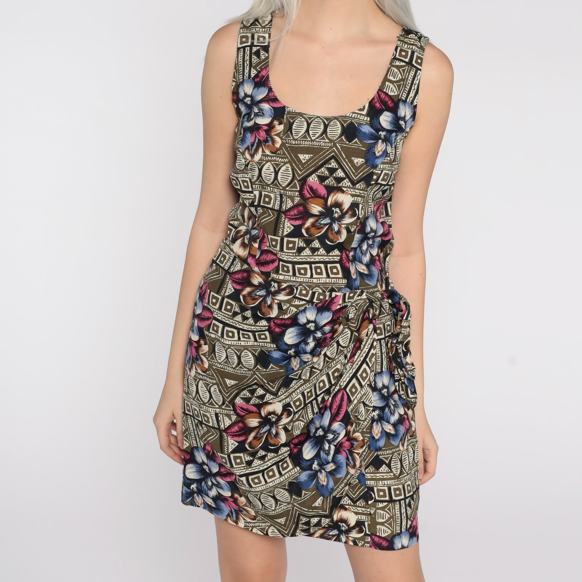 90s Rampage Floral Mini Dress Tropical Flower Print Shift Wrap Skirt Small