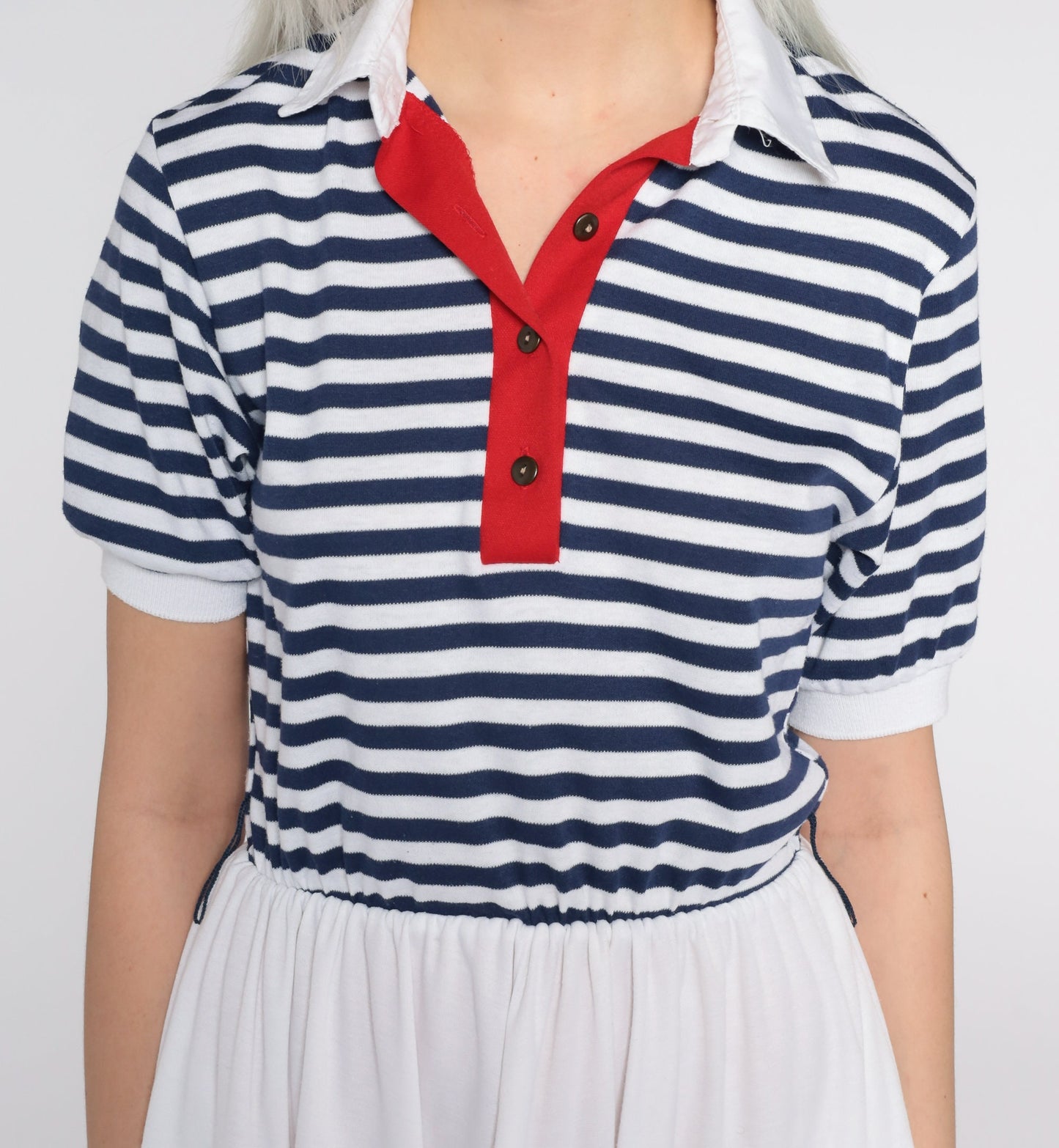 80s Nautical Striped Mini Dress White Blue Sailor High Waist Small S
