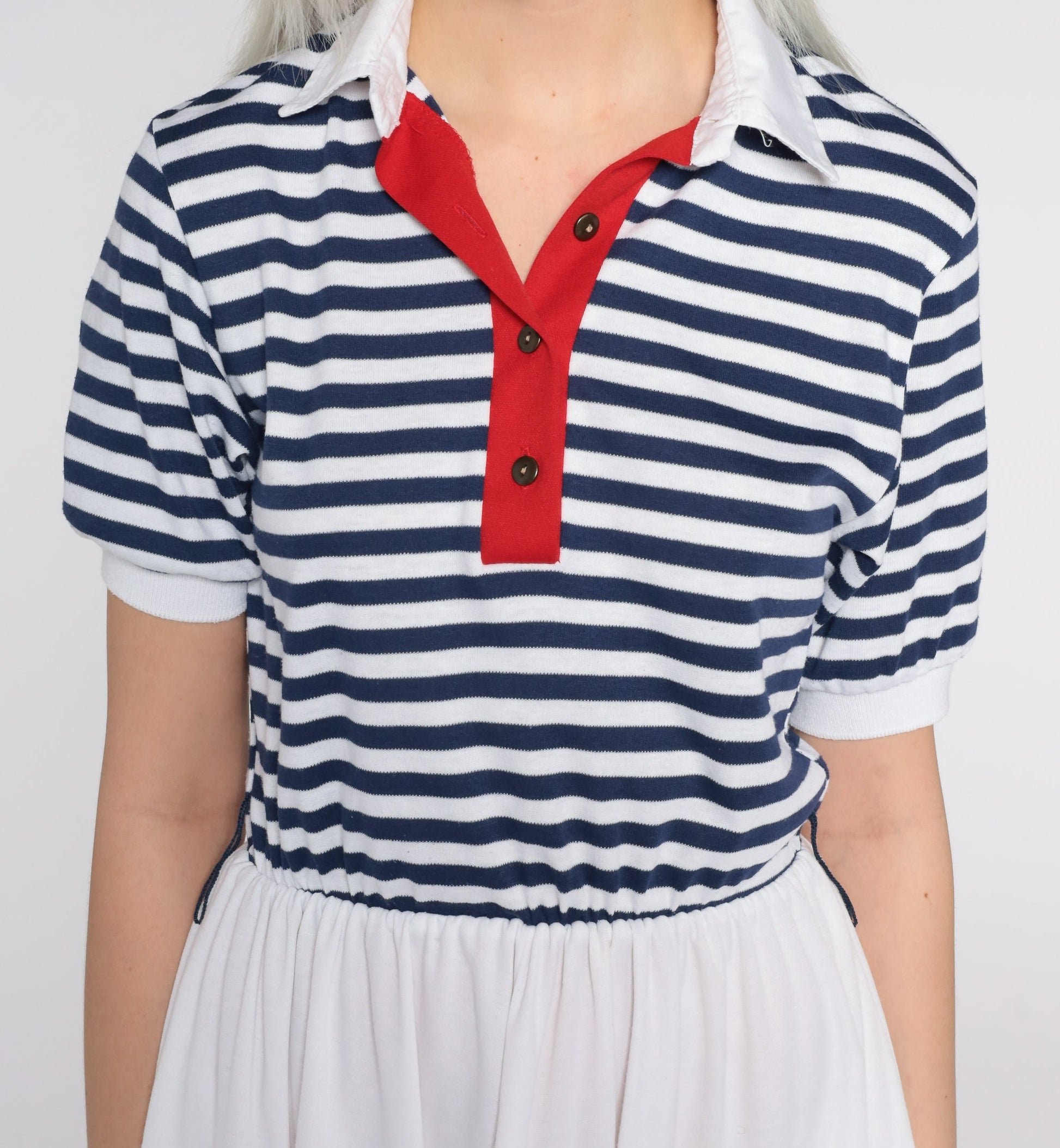80s Nautical Striped Mini Dress White Blue Sailor High Waist Small S