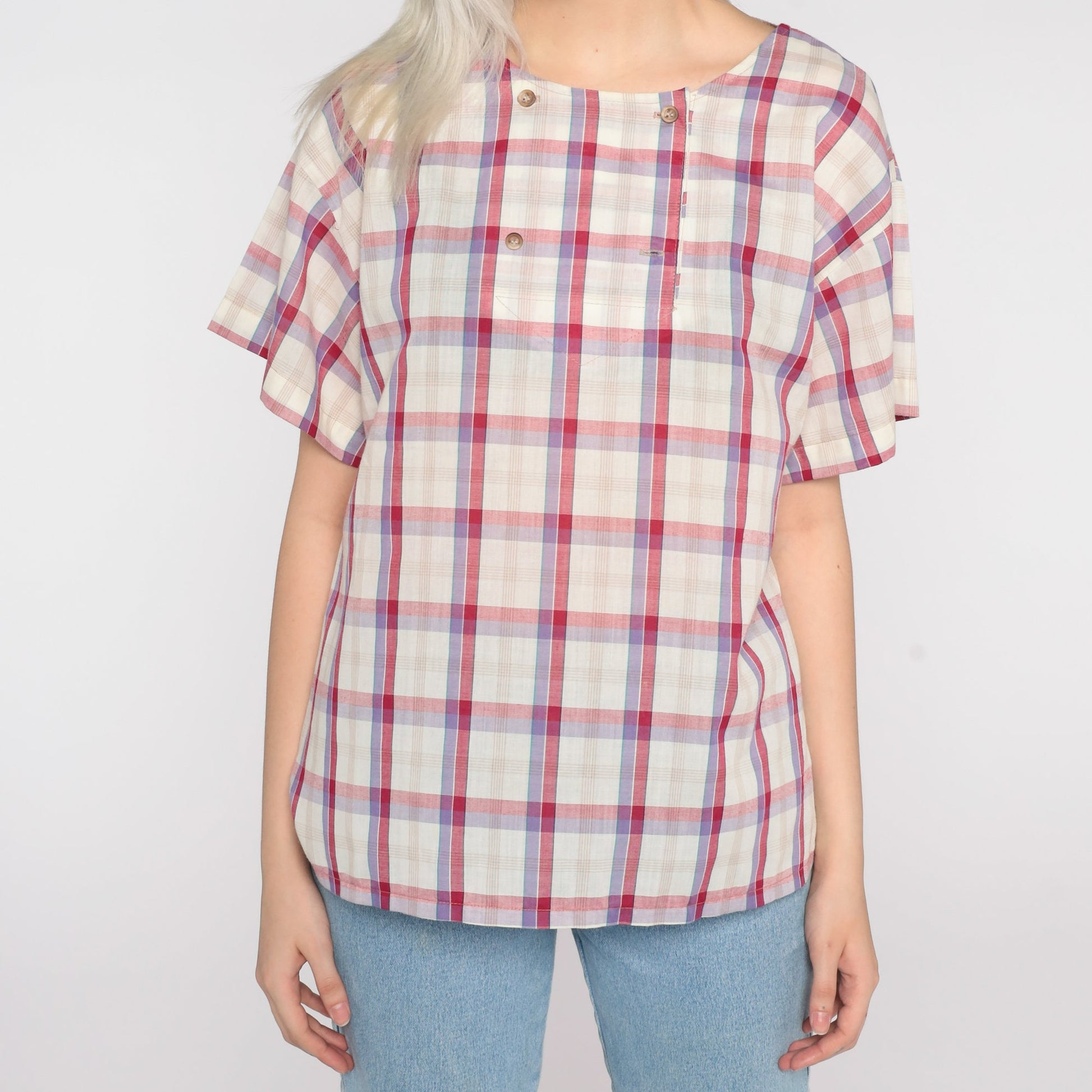 80s Koret Plaid Button-Up Blouse White Pink Cap Sleeve Medium