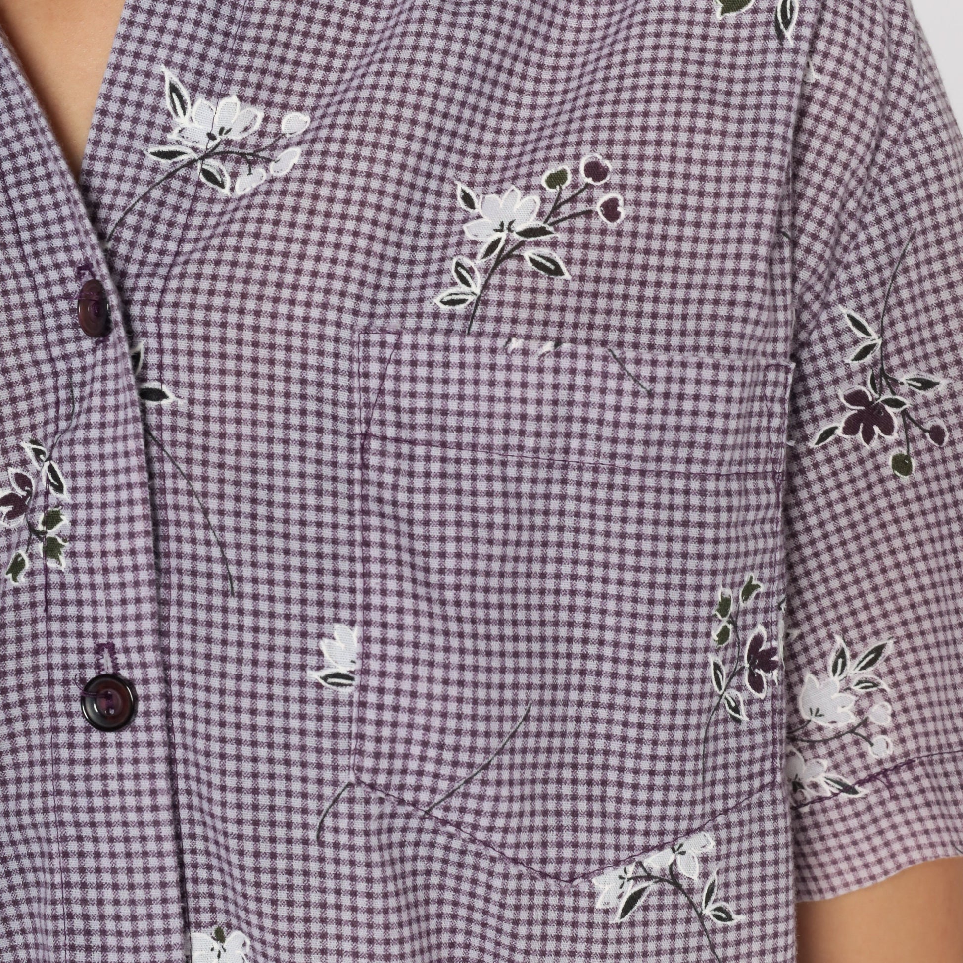 90s Purple Gingham Floral Button-Up Shirt Short Sleeve Small Petite