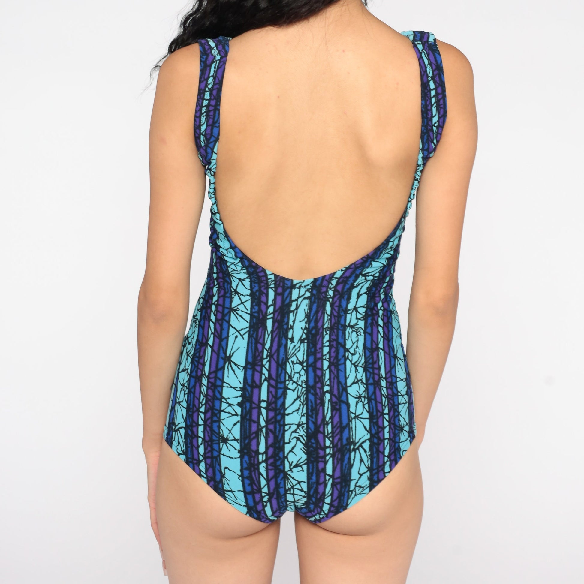 60s Purple Blue Striped One-Piece Swimsuit Scoop Back Small