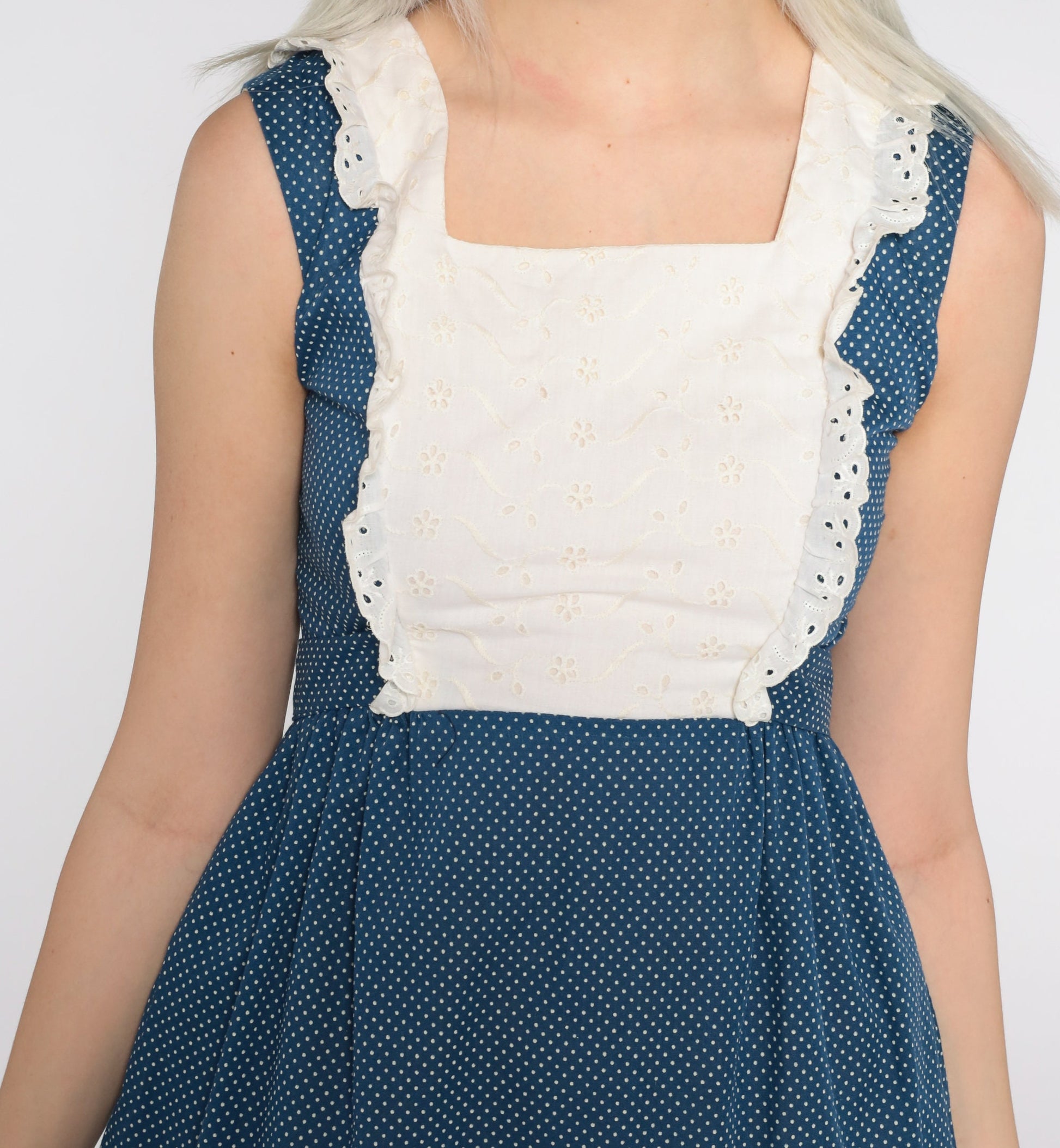 70s Blue Polka Dot Mini Dress Eyelet Lace Bib Empire Waist Extra Small