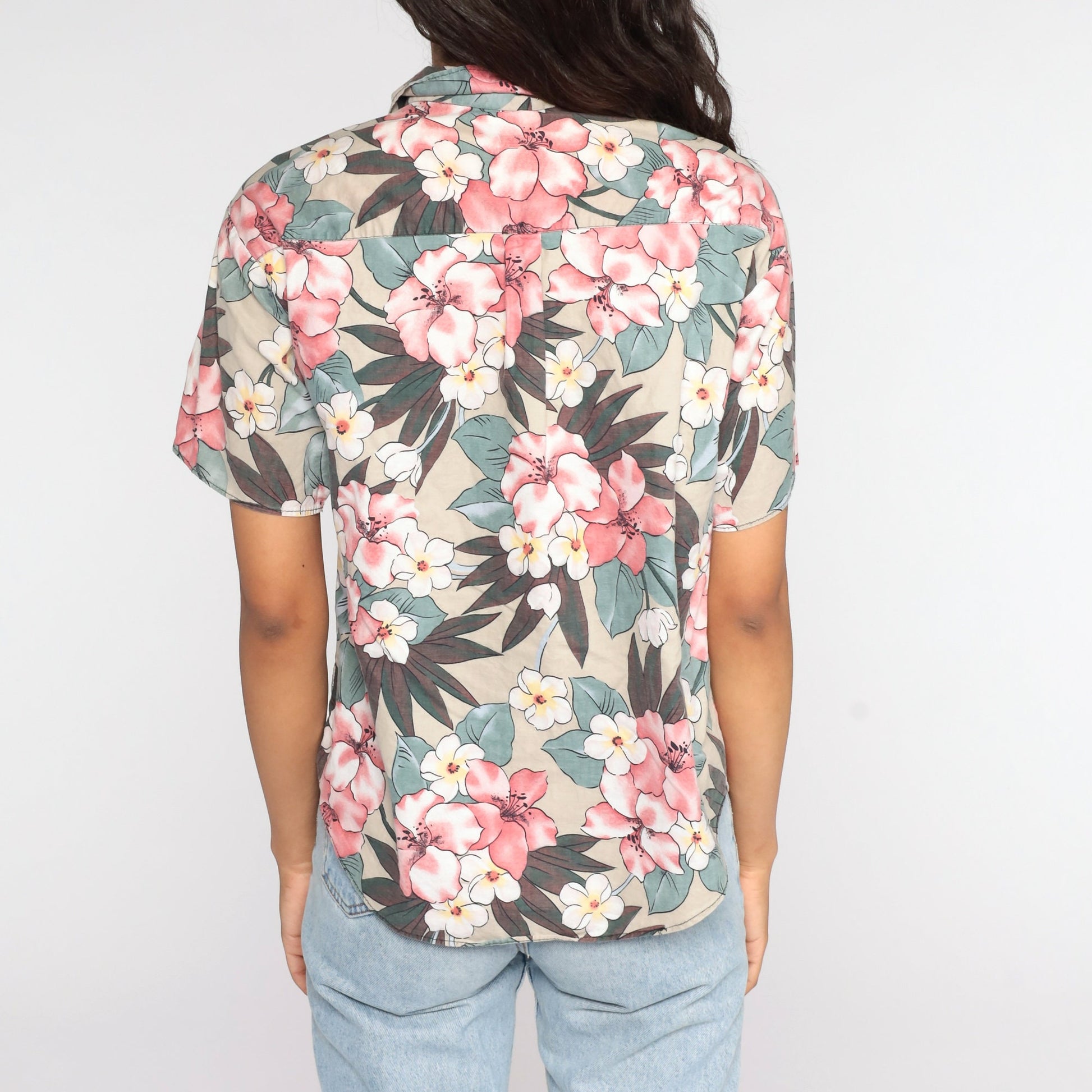 80s Tropical Floral Button-Up Shirt Taupe Flower Print Medium