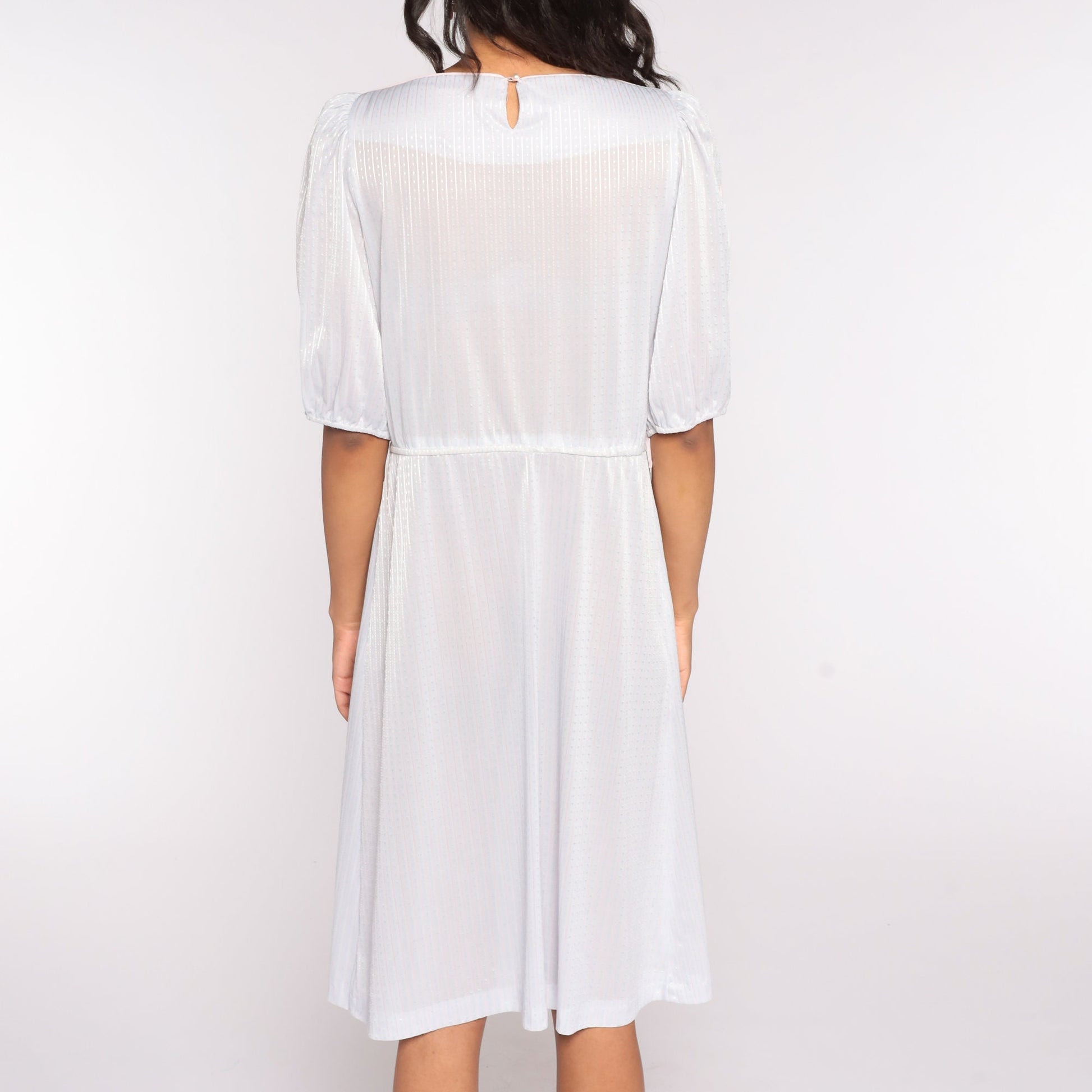 80s Grey Striped Puff Sleeve Midi Dress Semi-Sheer Medium