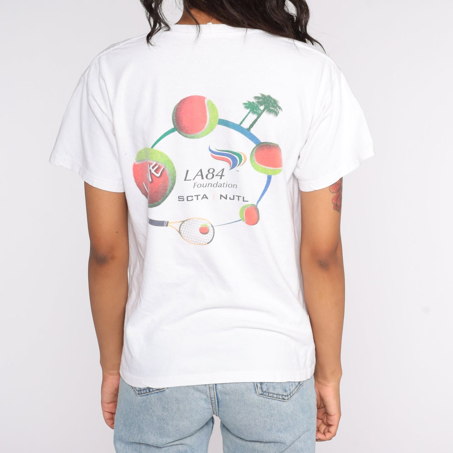 90s LA84 Love Tennis Graphic T-Shirt Cotton Athletic Tee Medium