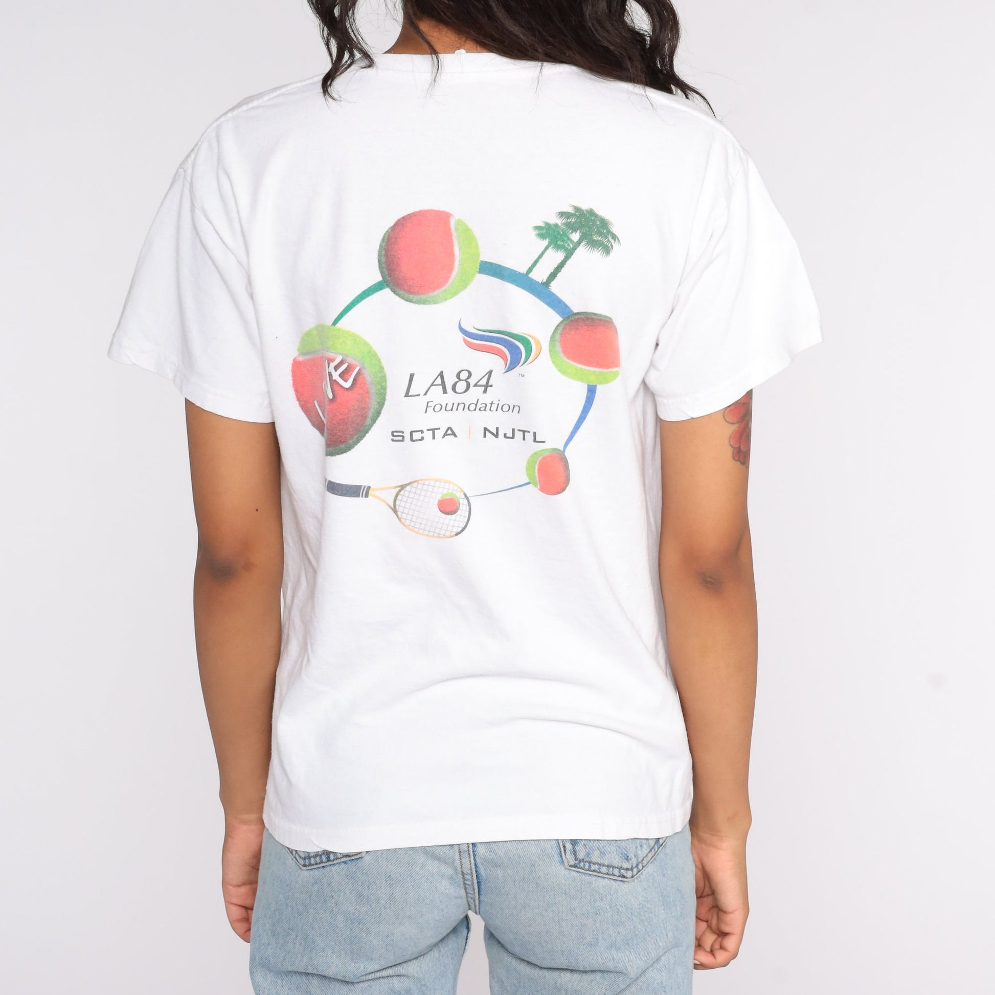90s LA84 Love Tennis Graphic T-Shirt Cotton Athletic Tee Medium
