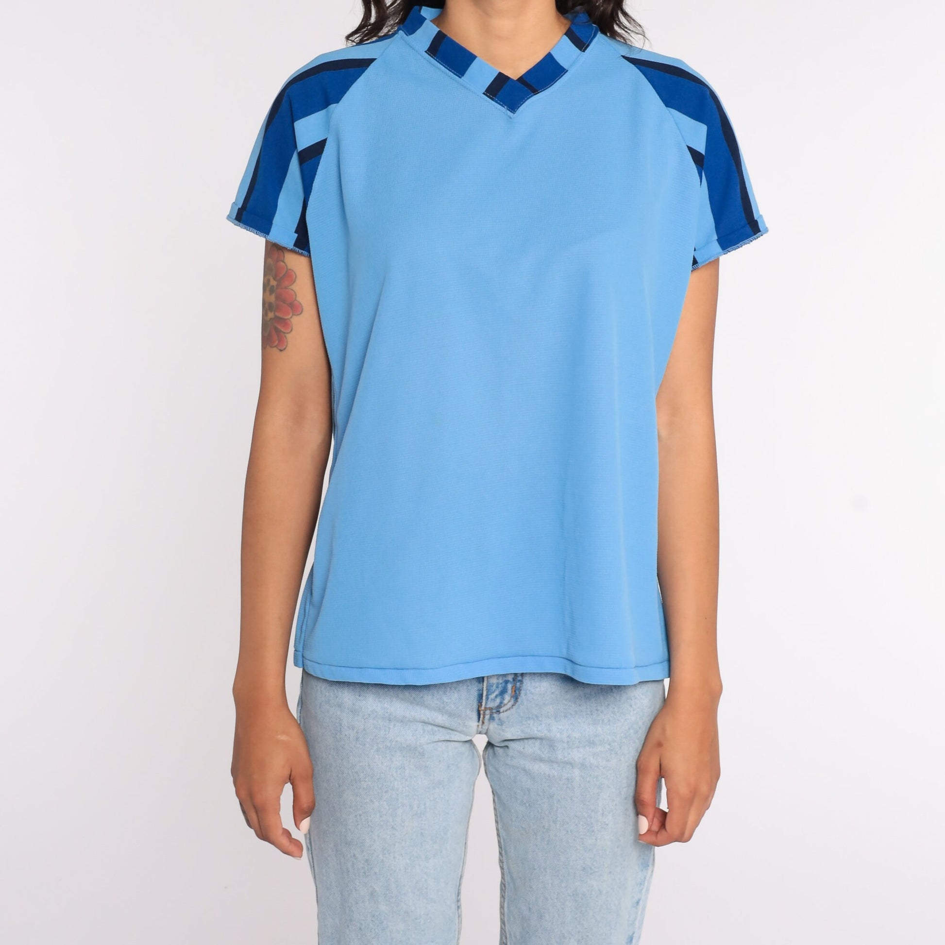 70s Mac-Let Electric Uniform Ringer T-Shirt Baby Blue Raglan Medium Large