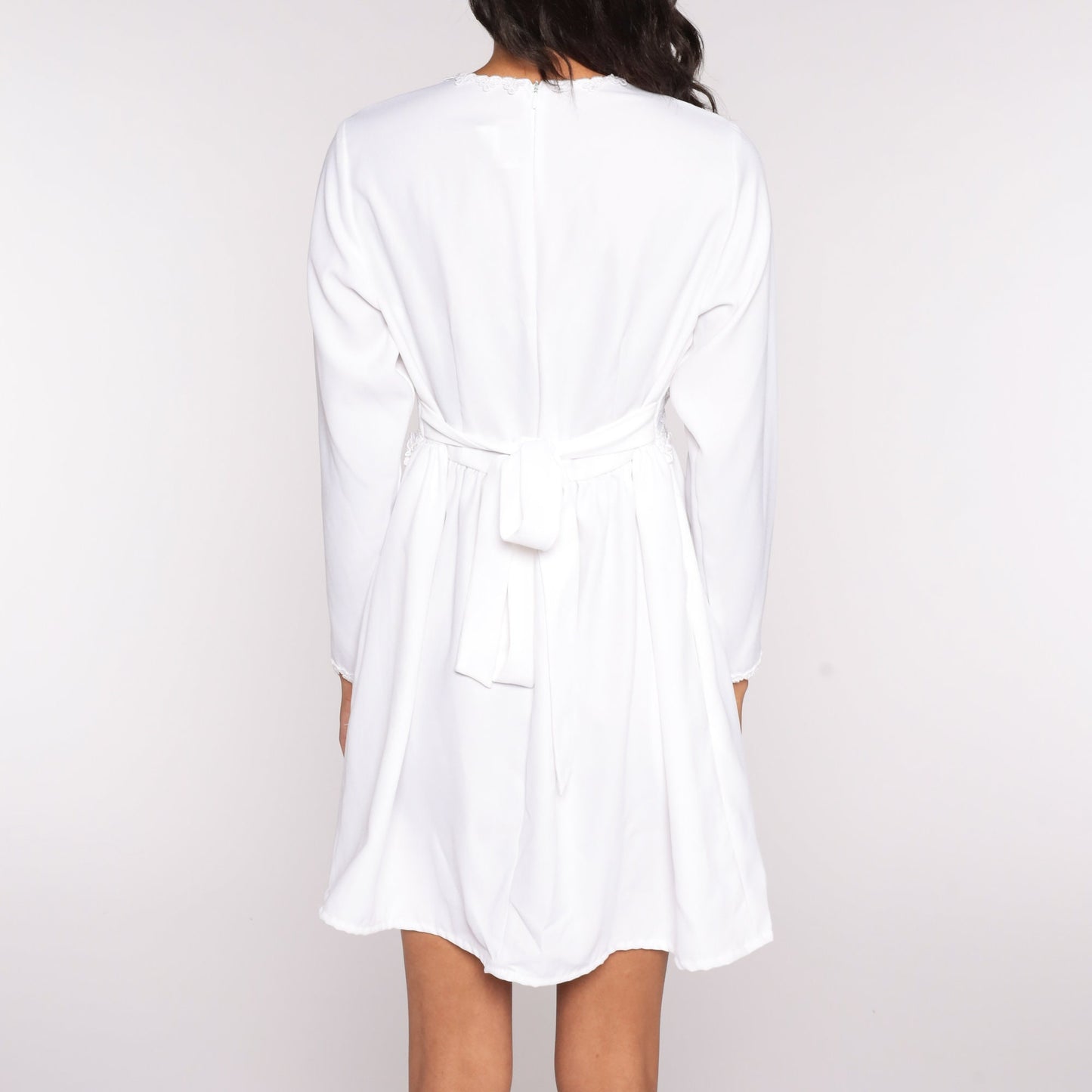 90s White Lace Babydoll Mini Dress Long Sleeve High Waist Small