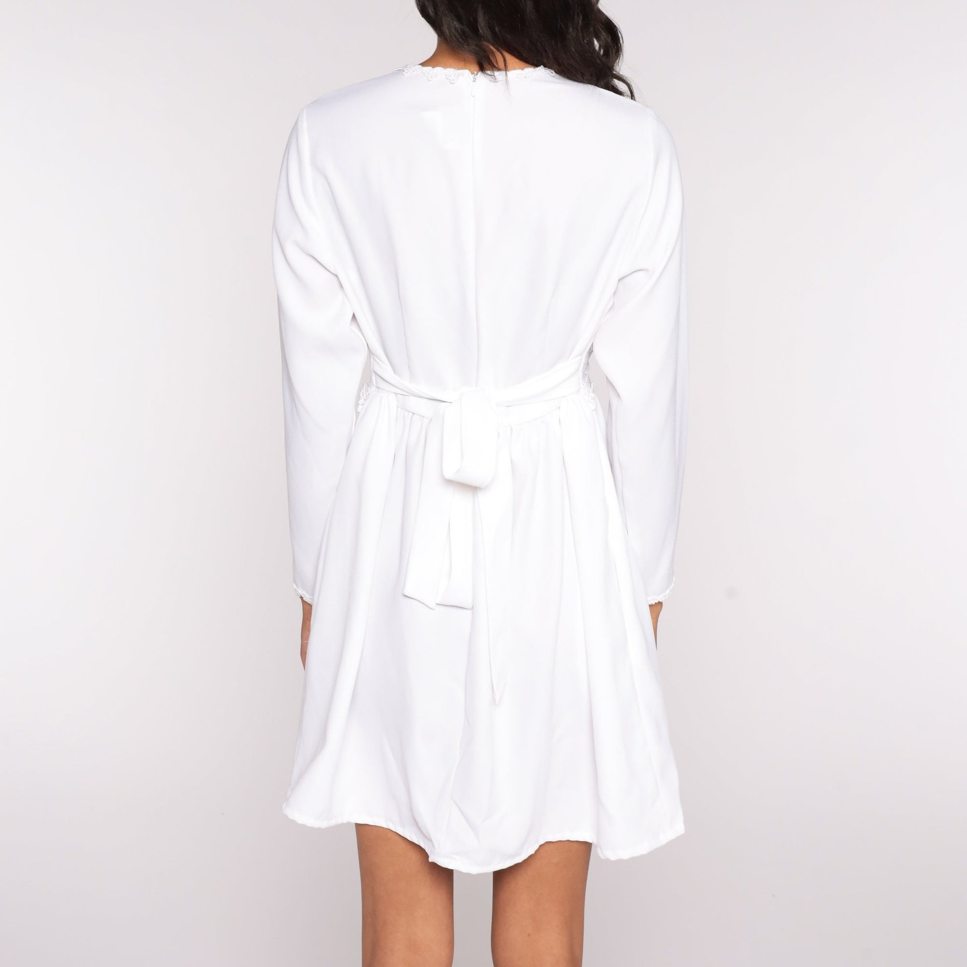 90s White Lace Babydoll Mini Dress Long Sleeve High Waist Small
