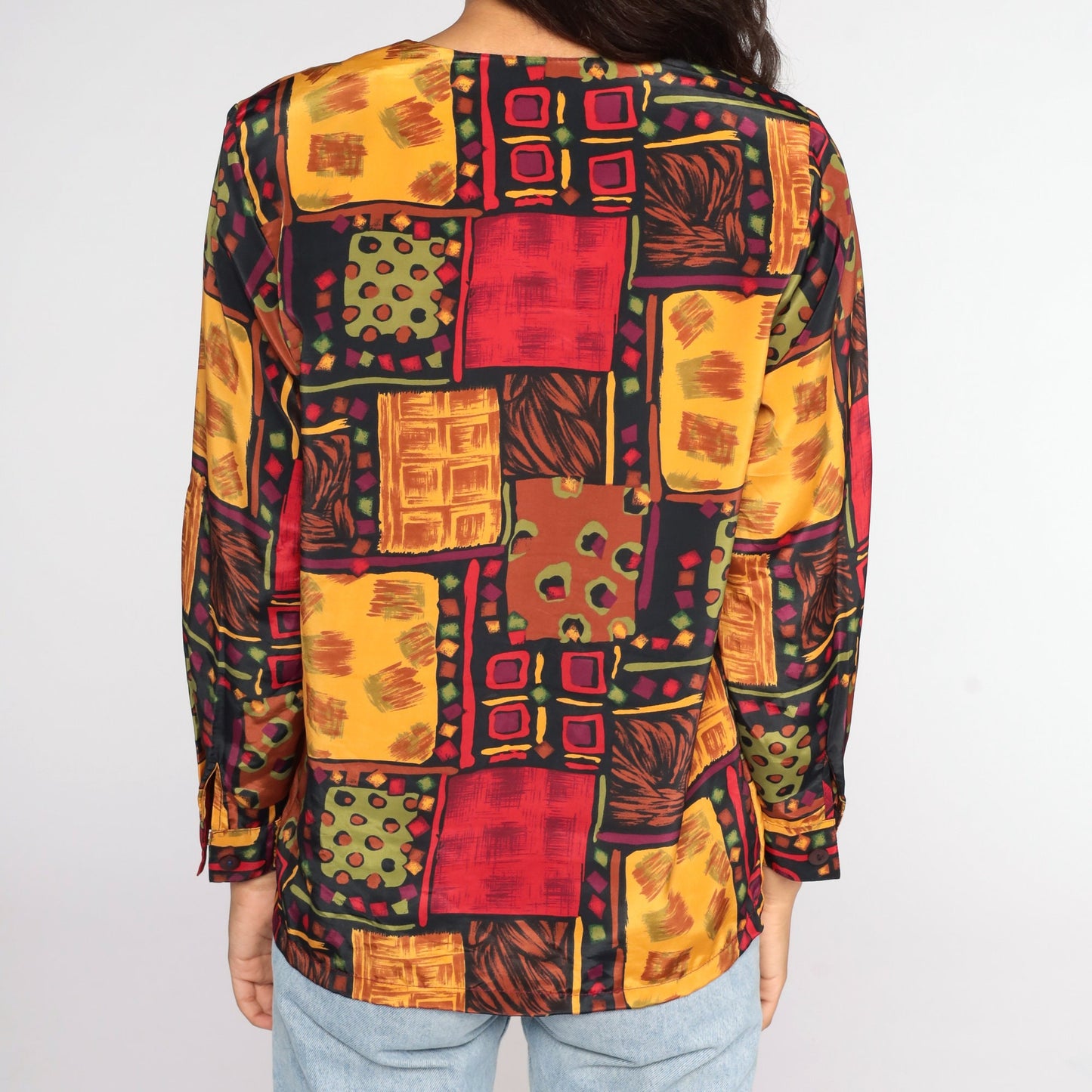 90s Geometric Print Button-Up Shirt Red Yellow Long Sleeve Medium Large