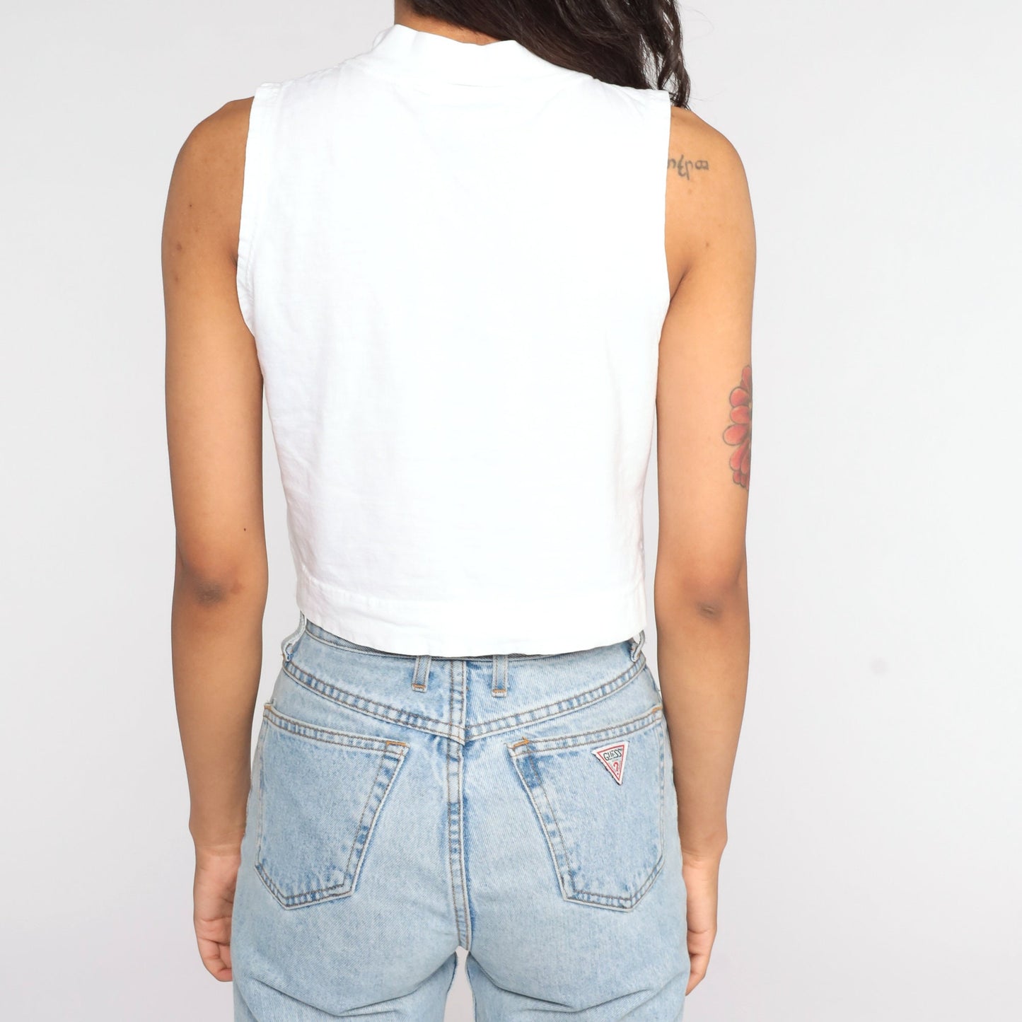 80s White Mock Neck Crop Tank Top Sleeveless Shirt Small