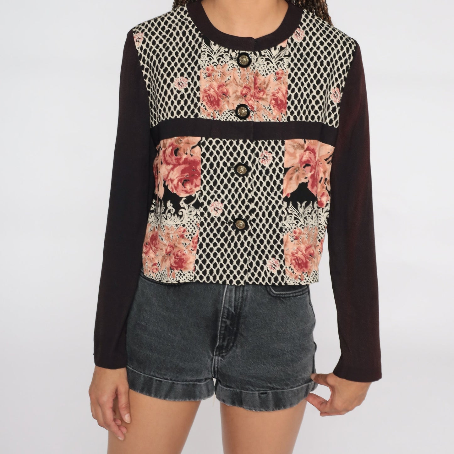 90s Black Floral Rayon Button-Up Shirt Long Sleeve Blouse Small