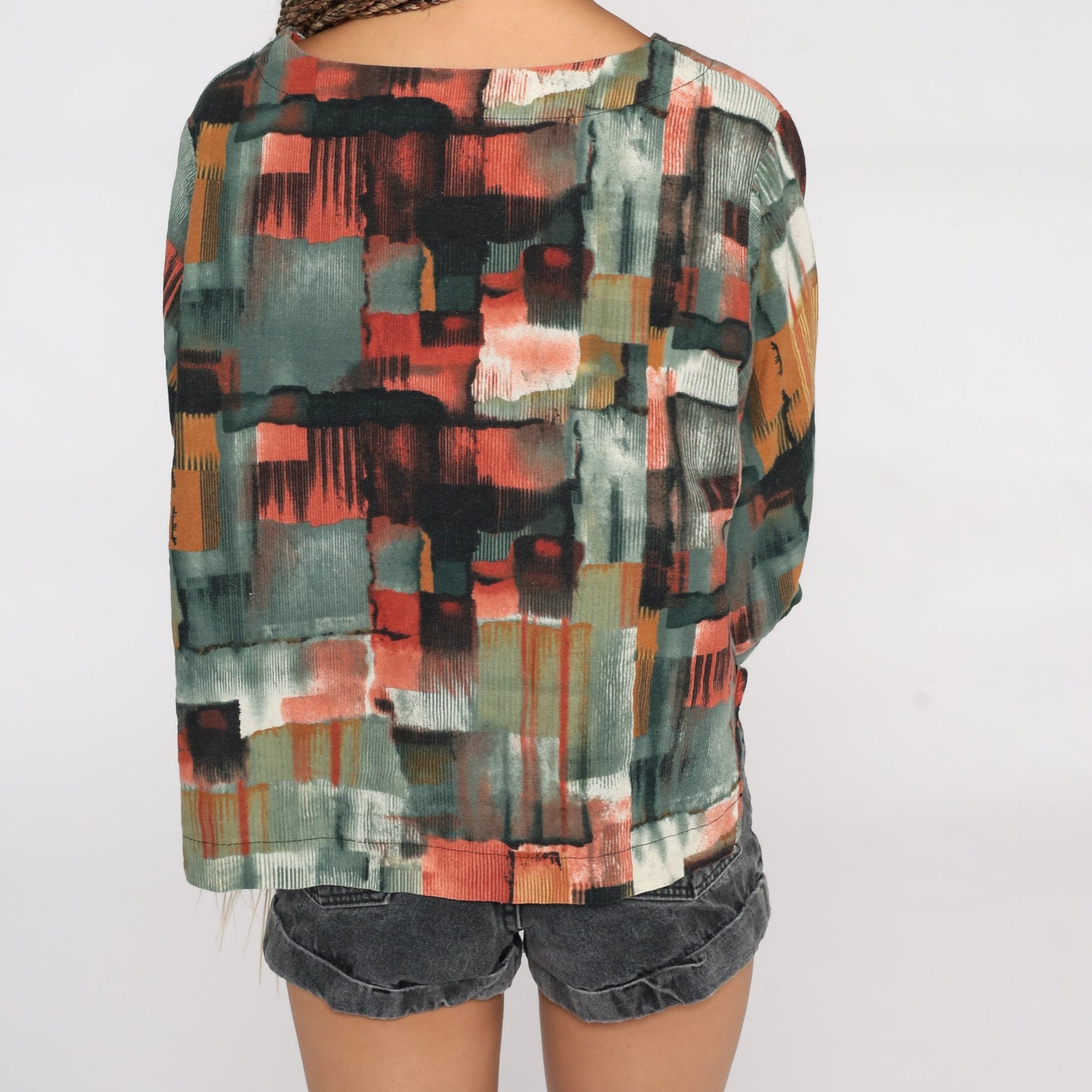 90s Abstract Geometric Brushstroke Blouse Red Grey Short Sleeve Large L