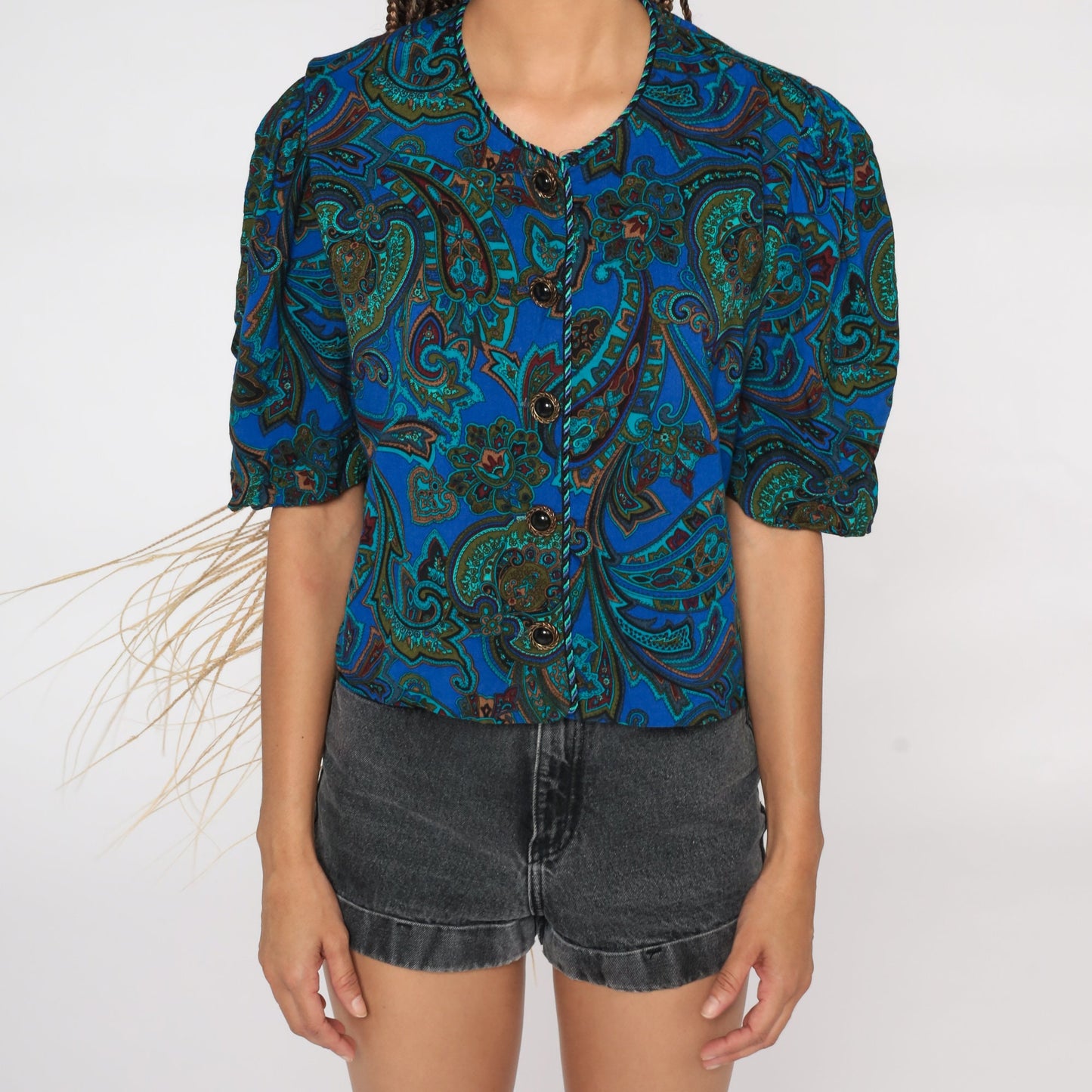 80s Paisley Puff Sleeve Button-Up Blouse Blue Medium