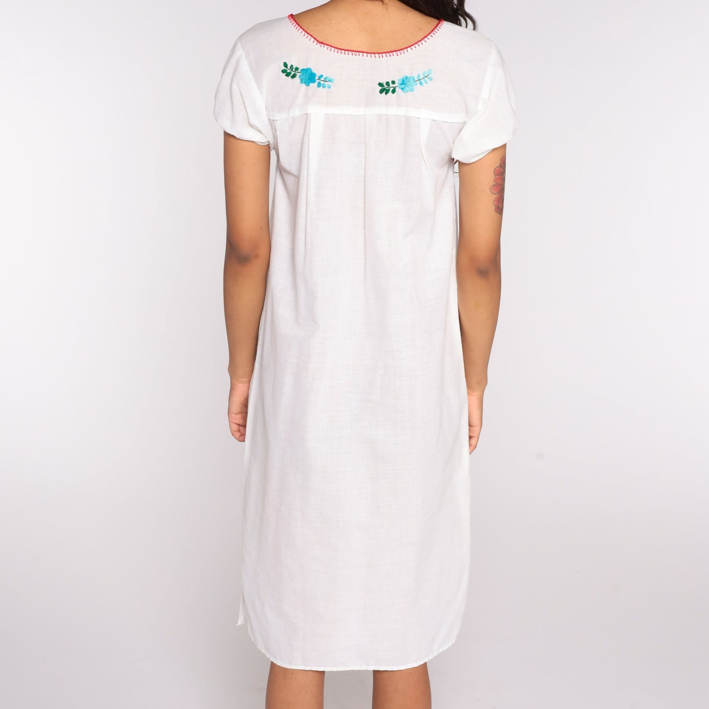 80s Mexican White Cotton Midi Dress Embroidered Puff Sleeve Tunic Small