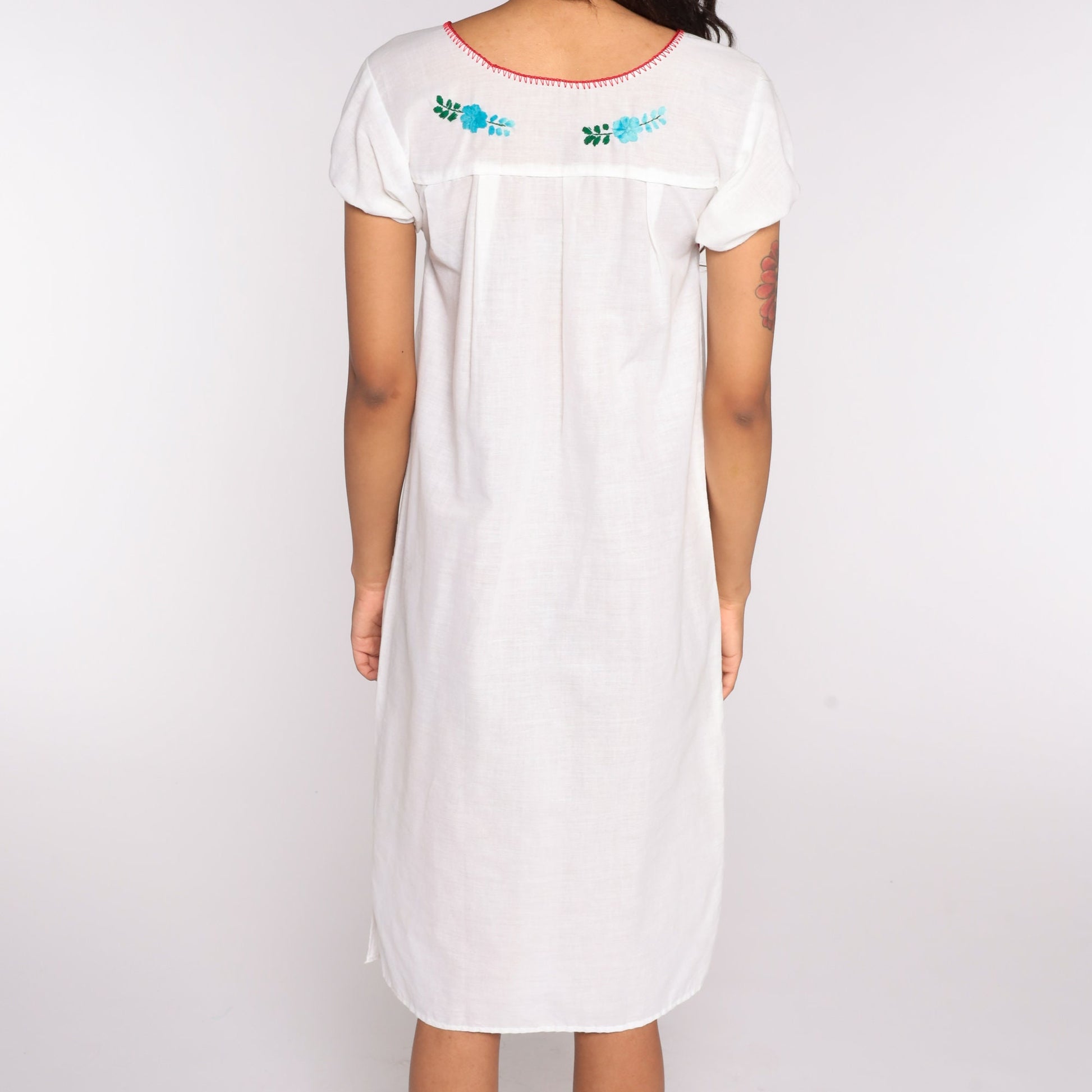 80s Mexican White Cotton Midi Dress Embroidered Puff Sleeve Tunic Small