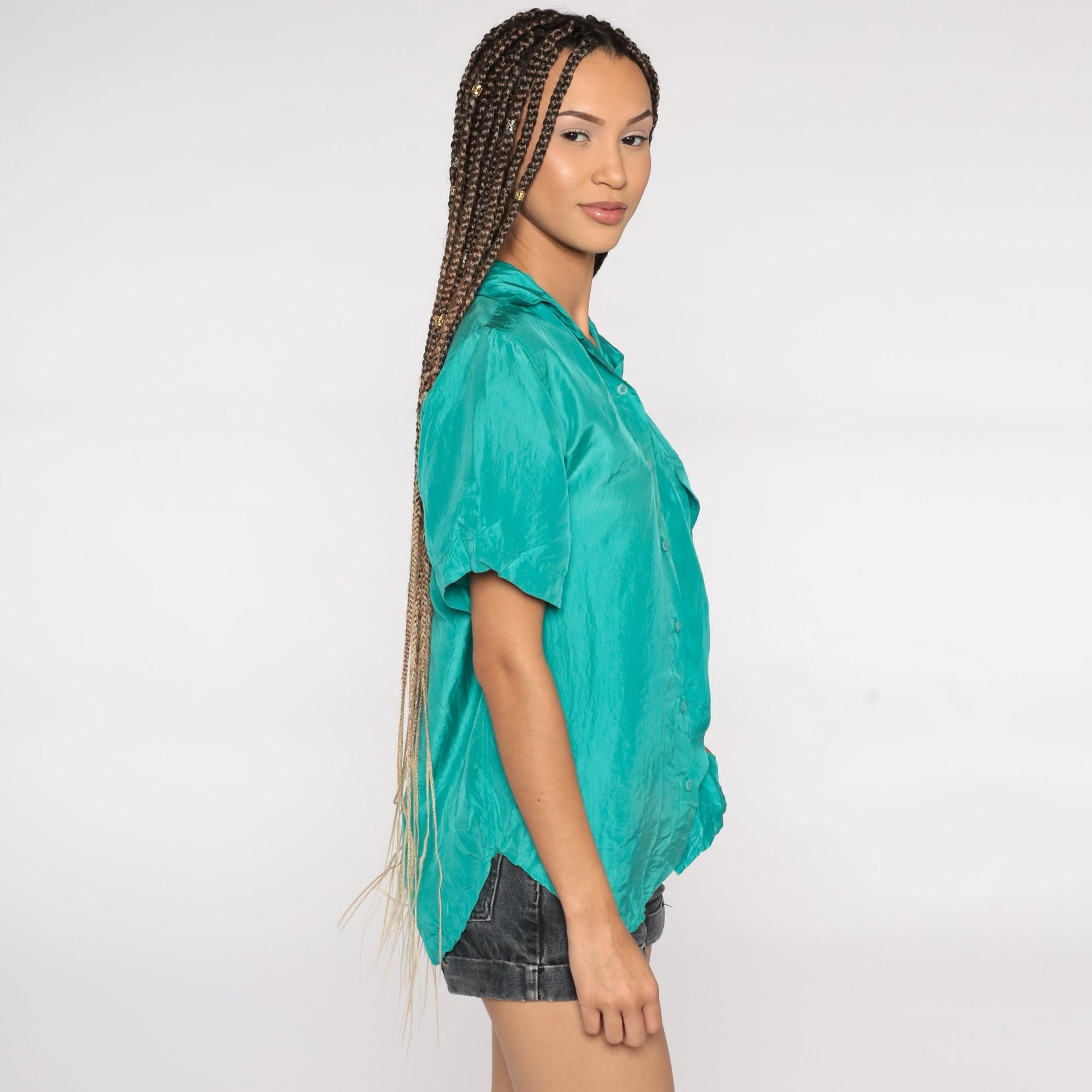 90s Turquoise Silk Button-Up Blouse Short Sleeve Medium