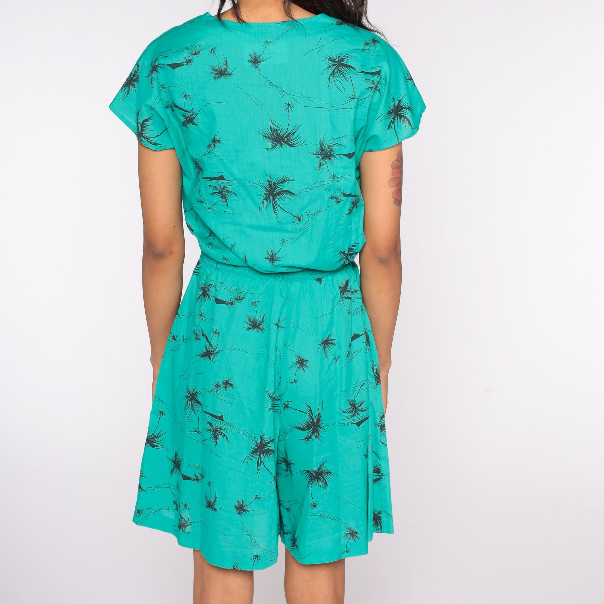 80s Hilo Hatties Tropical Hawaiian Romper Playsuit Green Medium