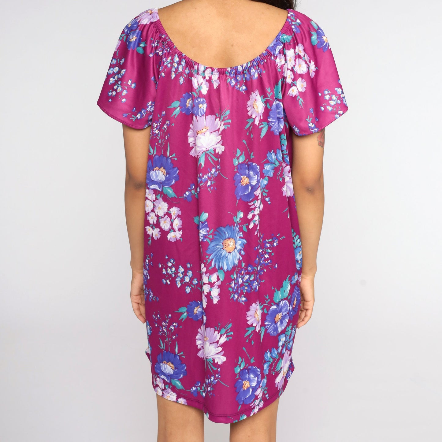 70s Purple Floral Mini Dress Tent Cut Short Sleeve Large