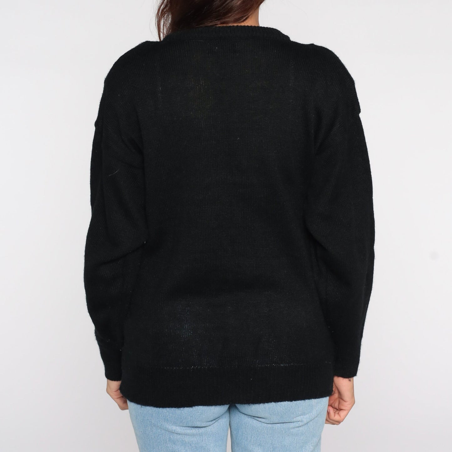 80s Beaded Bow Pullover Sweater Black Knit Large L
