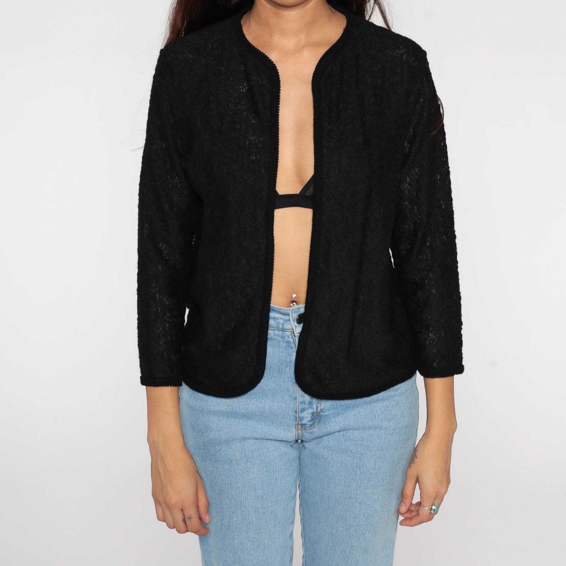 70s Black Lace Sheer Jacket Open Front Cardigan Small