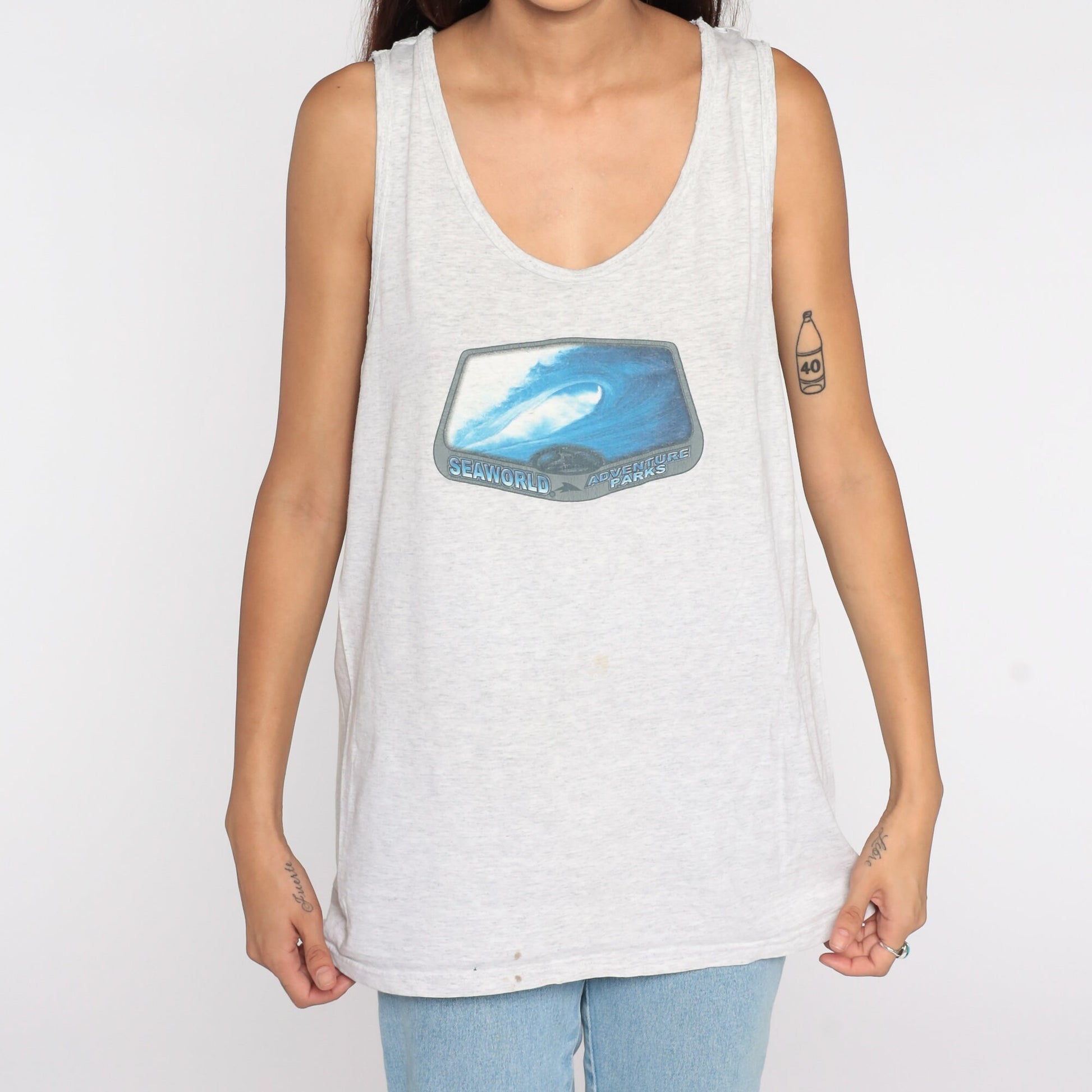 90s Seaworld Adventure Parks Graphic Tank Top Grey Cotton Medium