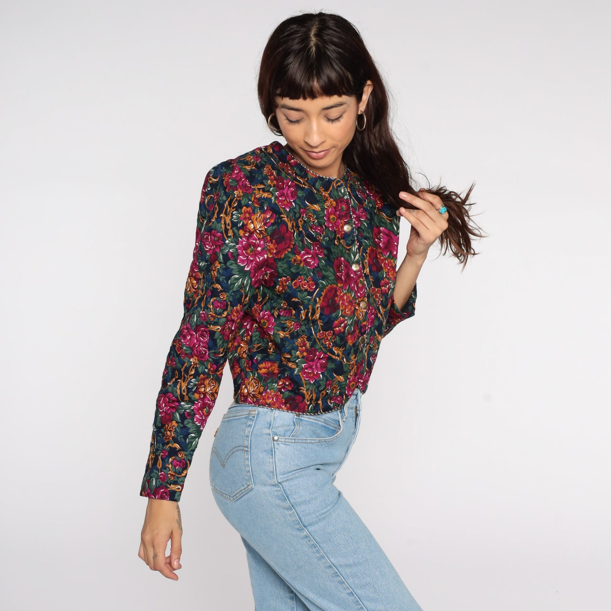 80s Quilted Floral Cropped Jacket Fuchsia Button-Up Medium