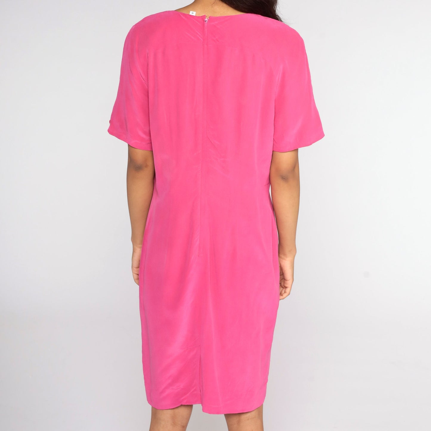 80s Pink Silk Sheath Dress Short Sleeve Mini Large