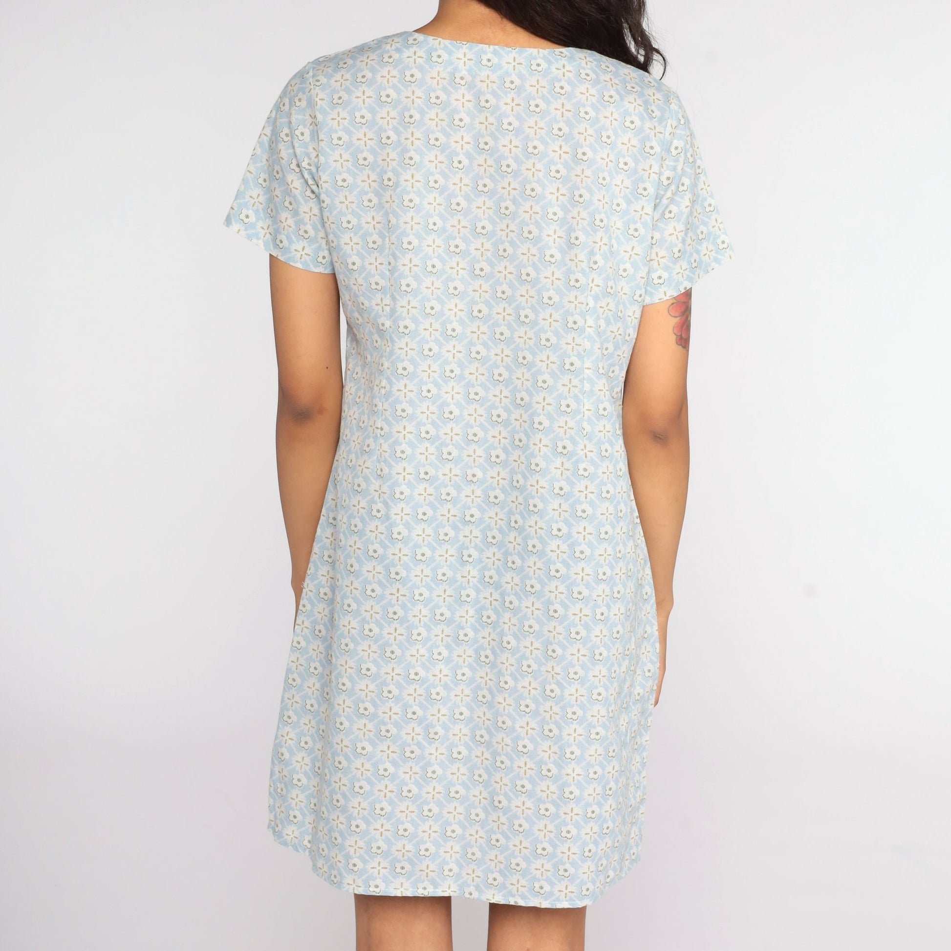 90s Baby Blue Floral Mini Dress Shift Short Sleeve Medium
