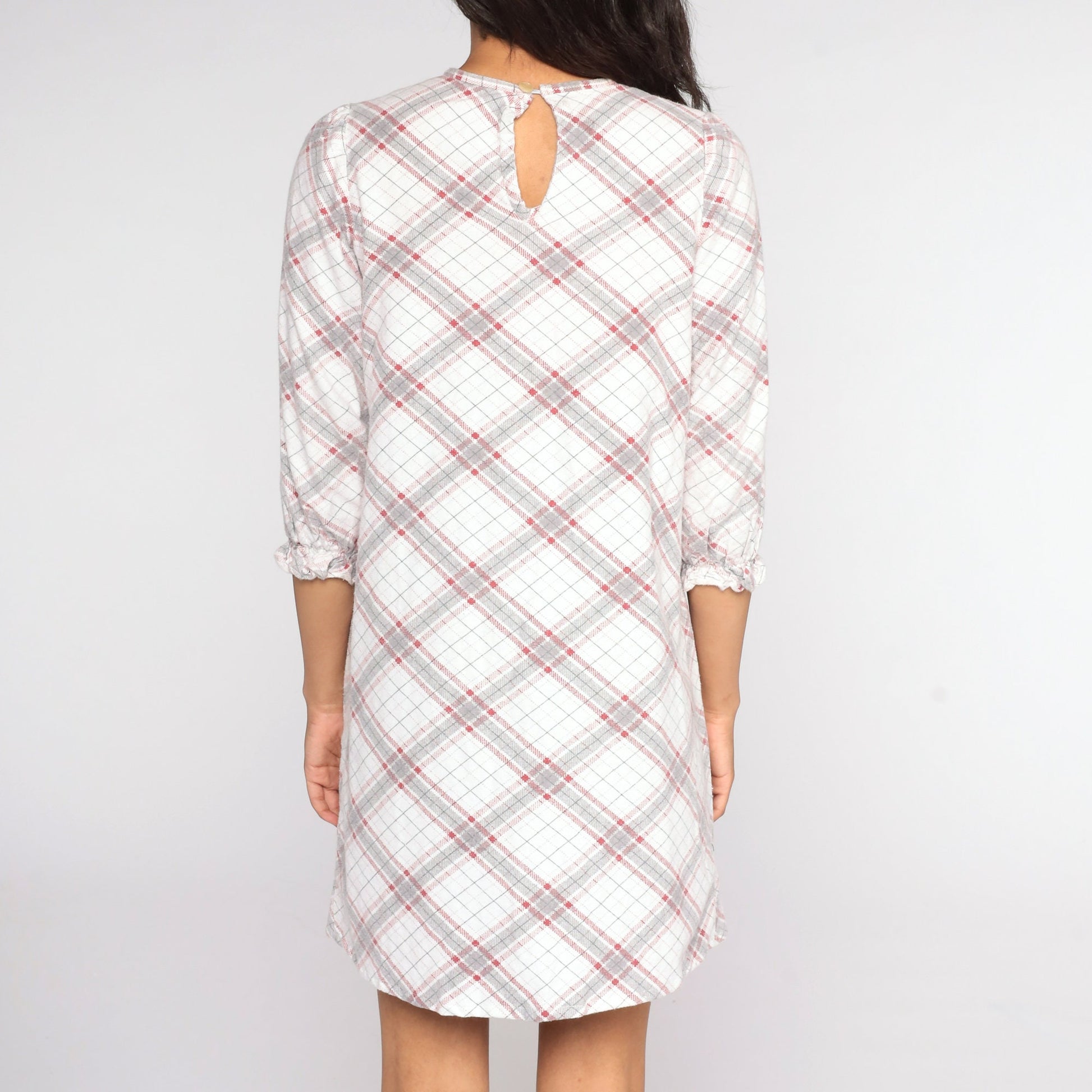 80s White Plaid Pajama Dress Bib Bow Cotton Nightgown Small