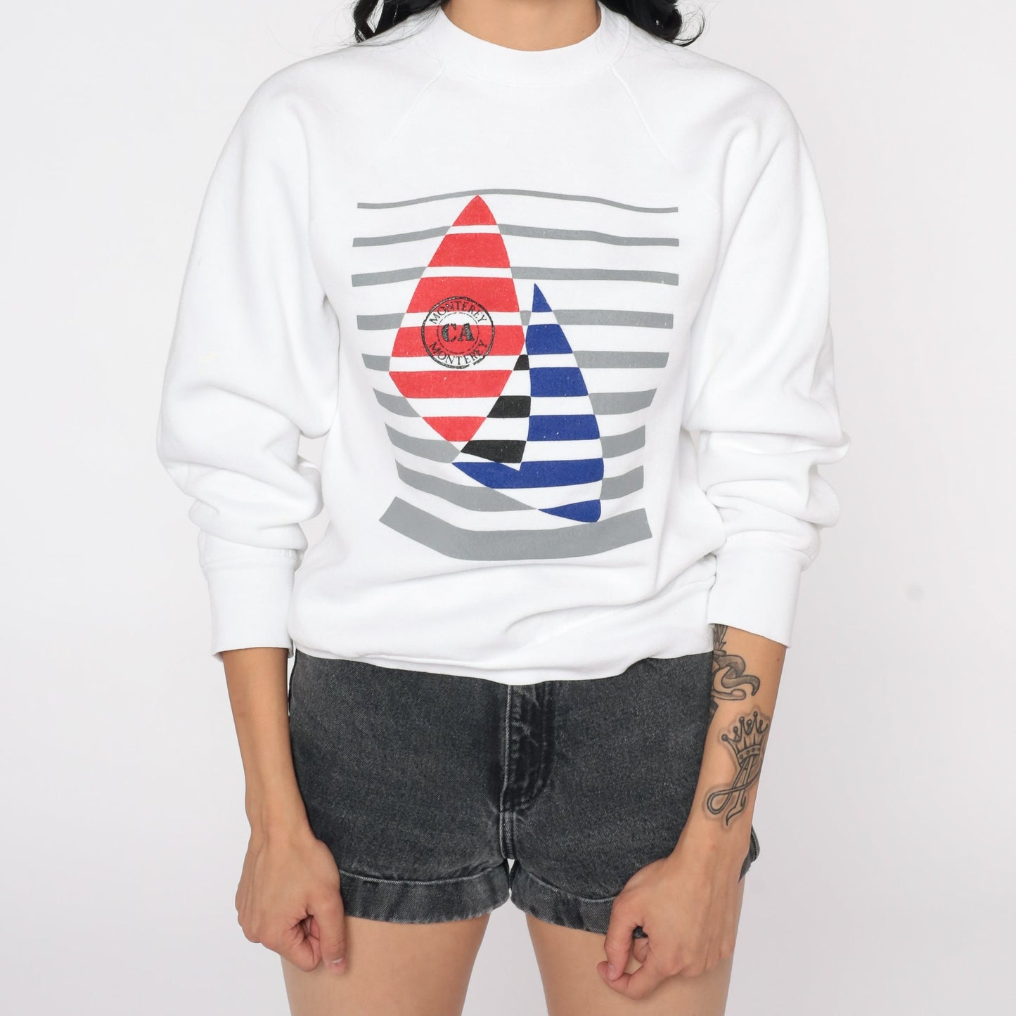 80s Monterey Bay Sailboat Sweatshirt Raglan Sleeve Graphic Pullover Extra Small