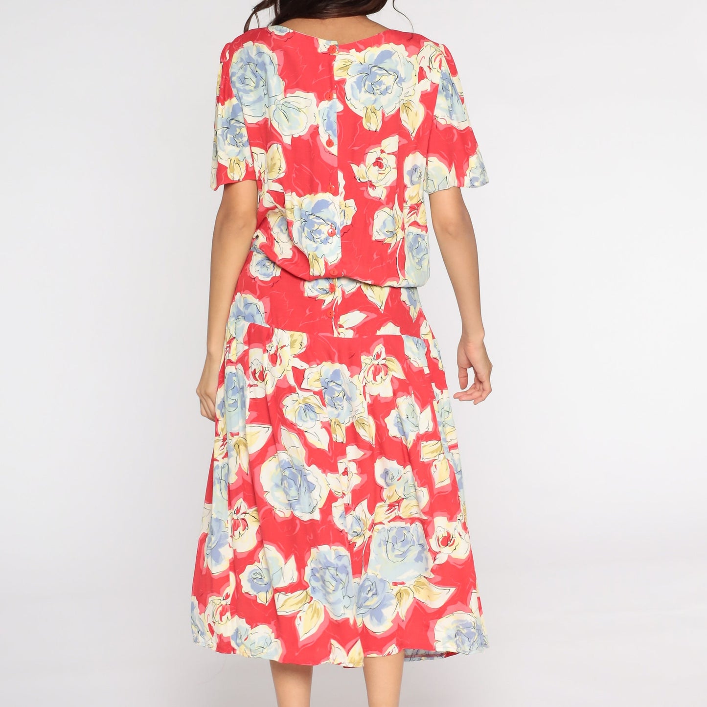 90s Red Floral Midi Dress Button Back Short Sleeve Vintage Medium