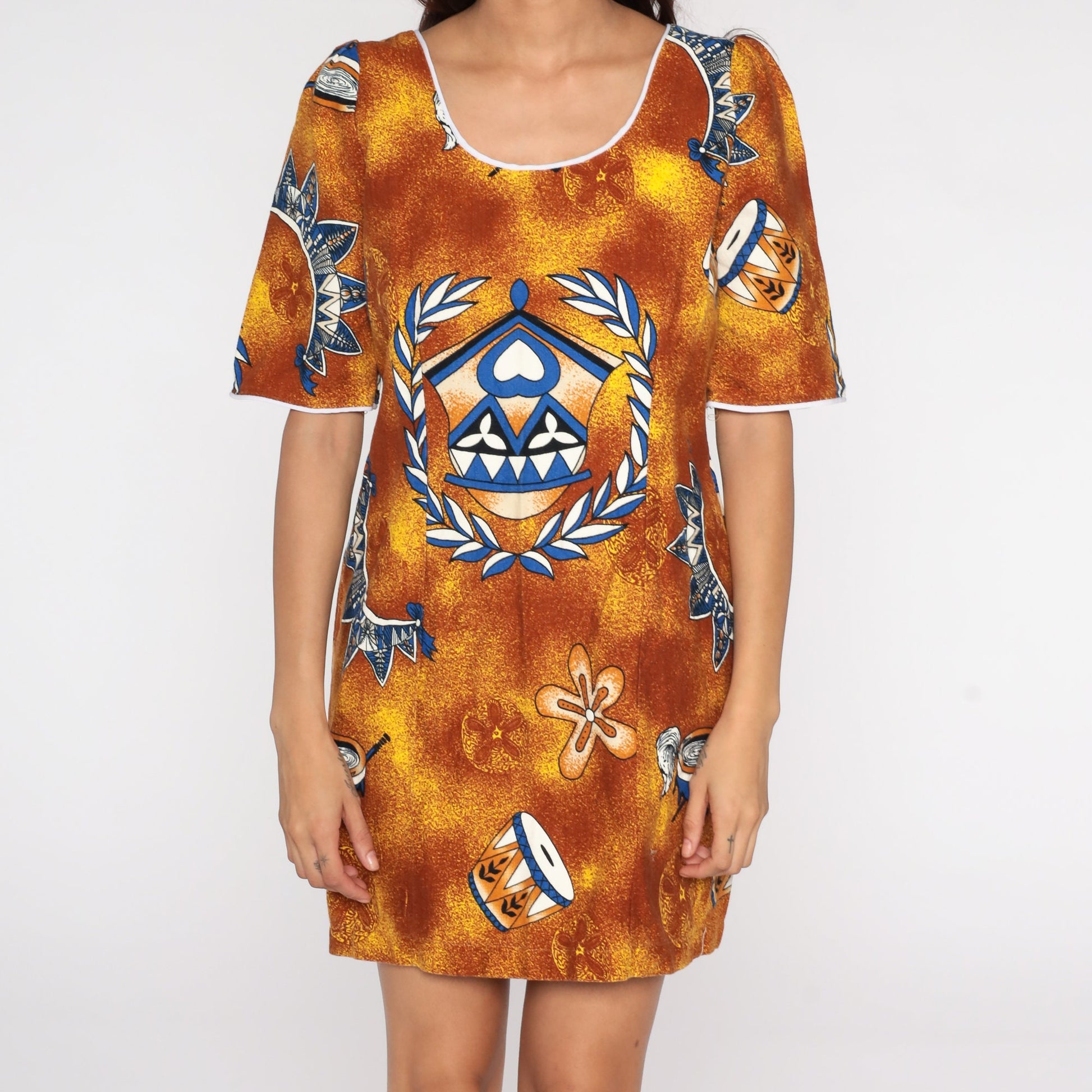 90s Drum Print Mini Dress Puff Sleeve Shift Brown Yellow Cotton Medium