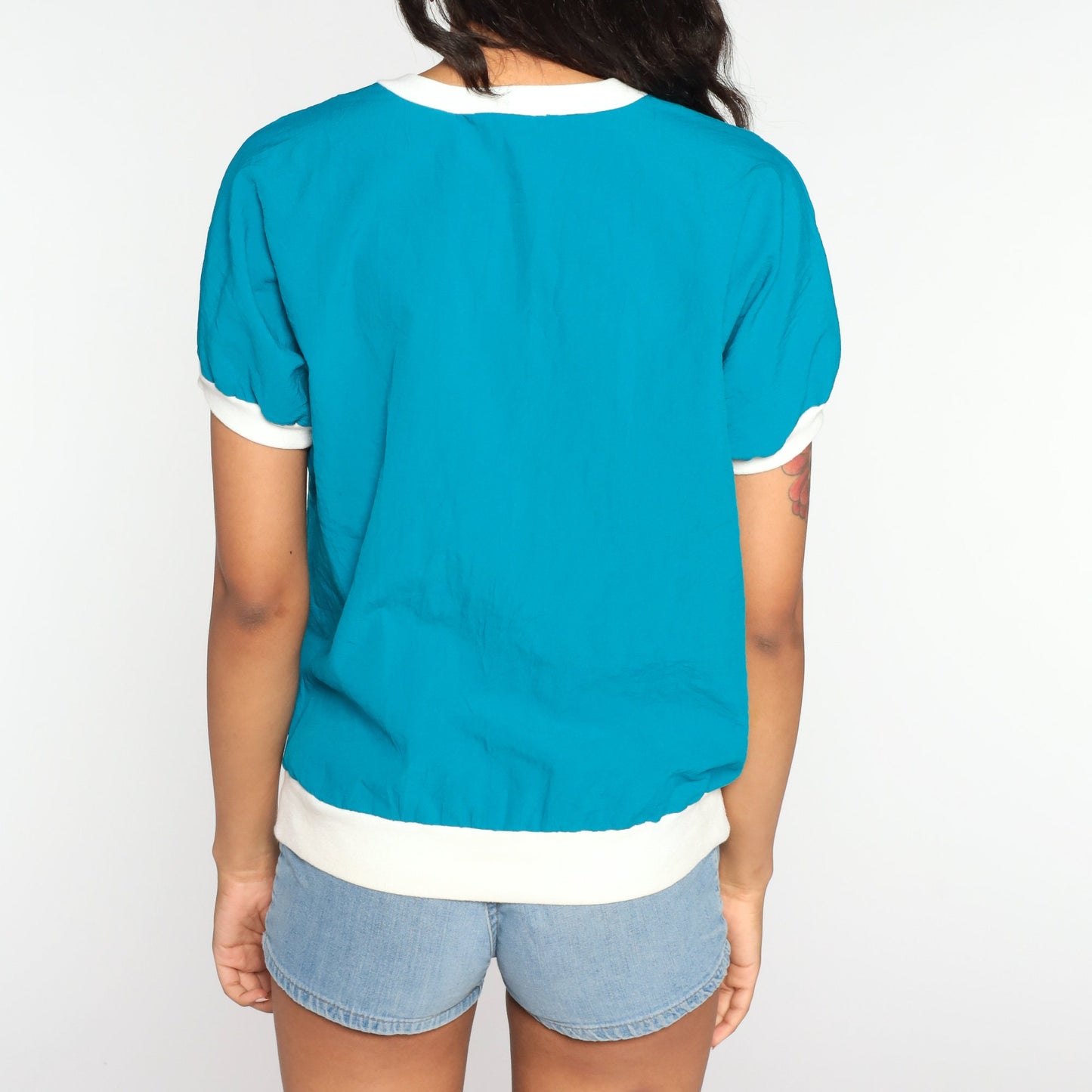 80s Blue White Color Block Dot Short Sleeve Top Large L