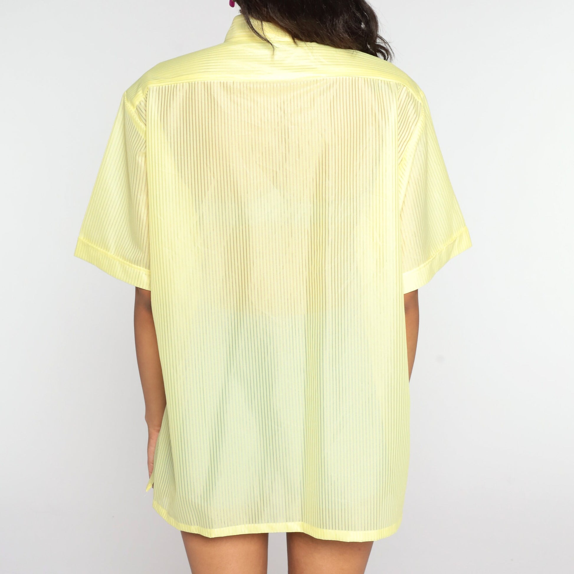 70s Idle Time Striped Button-Up Shirt Yellow Sheer Short Sleeve Large L