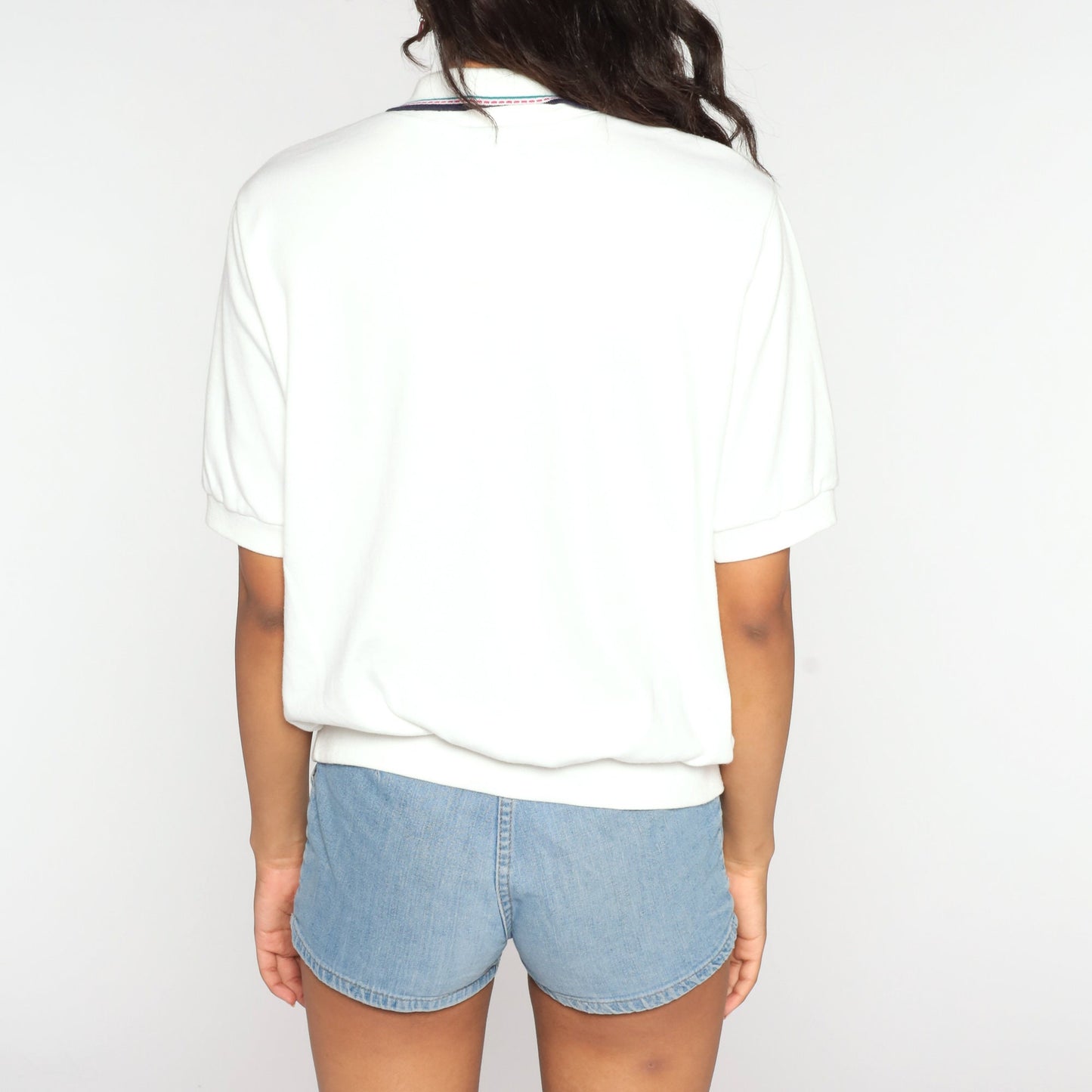 80s Alfred Dunner Picnic Blouse White Novelty Print Short Sleeve Large